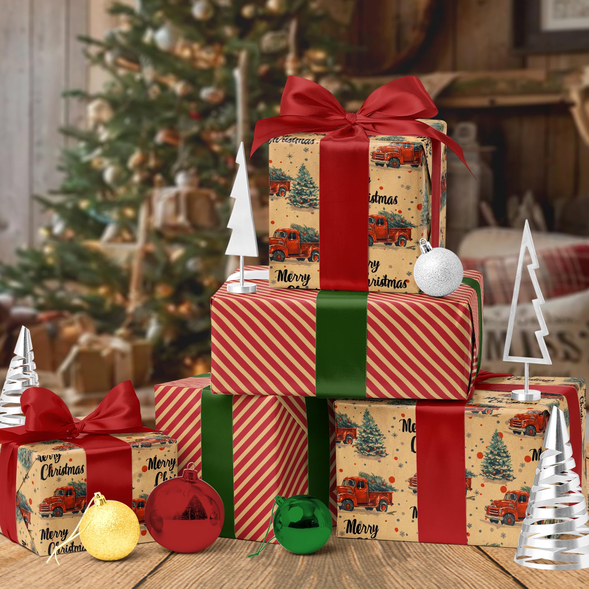 BIOBROWN Wendbares Kraftpapier-Weihnachtsgeschenkpapier, 43,2 x 100 cm, Vintage-Truck-Design, perfekt für Weihnachten, Party, Urlaub, Geschenkpapier