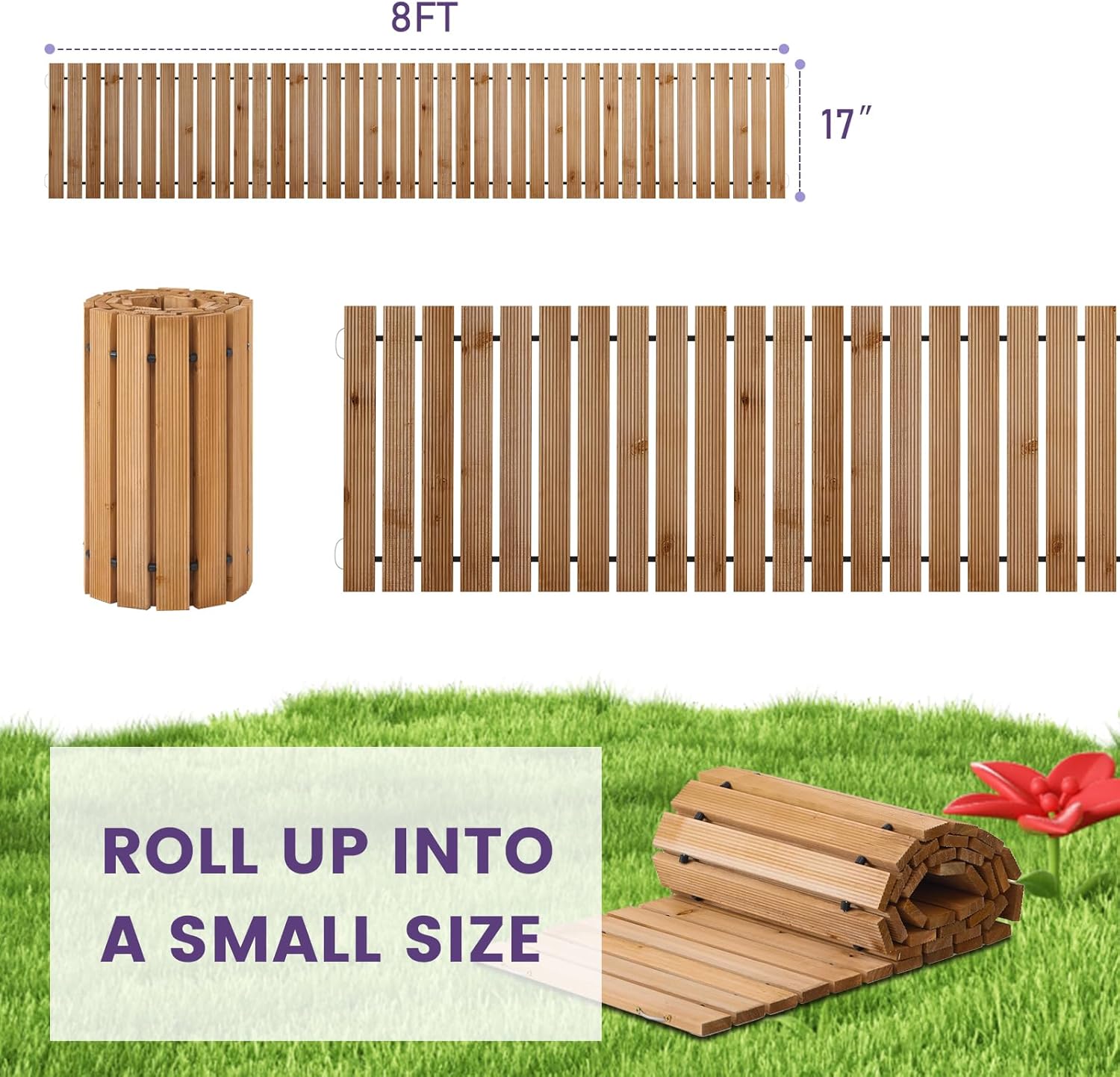 Wooden Garden Pathway with Rubber-Coated Connections,Outdoor Roll Out Straight Walkway, Weather-Resistant & Non-Slip Patio Path for Garden, Backyard, Beach, Wedding Party (Natural, 8FT)