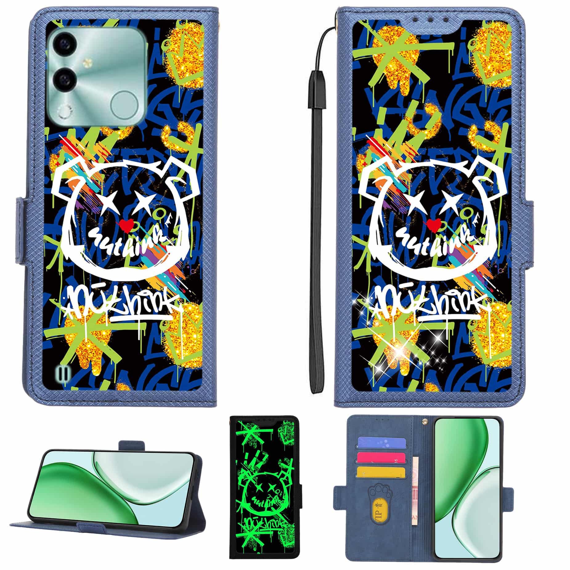 Case Compatible for Benco V82 Phone Case Flip Cover [with Tempered Glass Screen Protector][RFID Blocking][Gold Glitter+Luminous] LPT-TYX