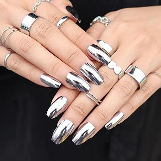 MISUD Medium Coffin Press on Nails, Glossy Silver False Nails, Chrome Metallic Stick on Nails, Full Cover Fake Nails for Women and Girls