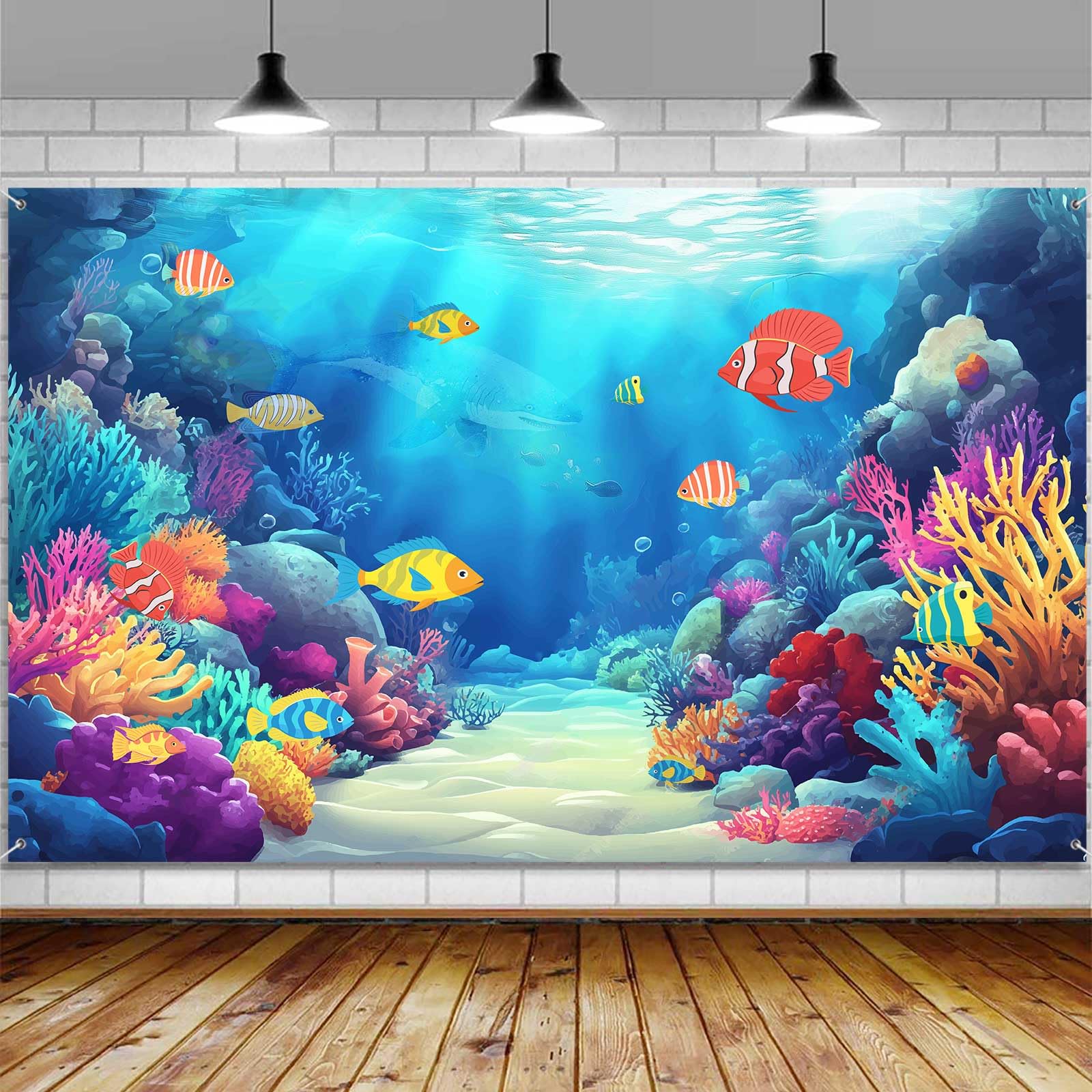 Under The Sea Party Banner Backdrop, Blue Ocean Fish Coral Themed Large Banner Baby Shower Birthday Party Decorations Supplies, Indoor Outdoor Sign