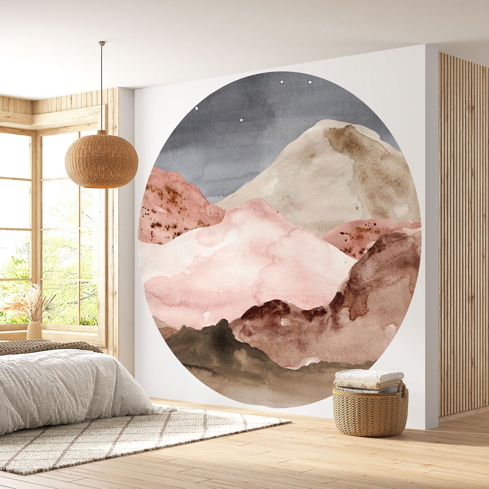 Papier peint rond paysage boho Lumalea pour salon zen