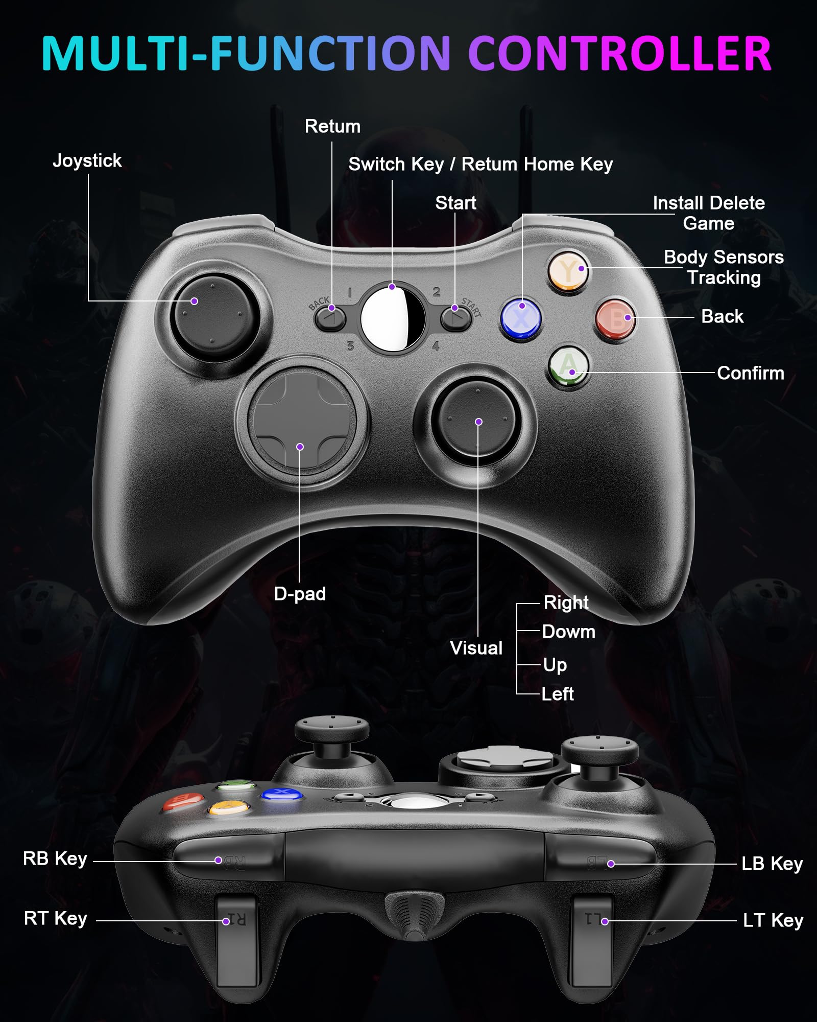Suoxiom 2 Pack Wired Controller for Xbox 360 PC, USB Gaming Gamepad with Ergonomic Design, Plug & Play Dual Vibration Controller Compatible with Xbox 360 & Windows 10/8/7/XP — view 7
