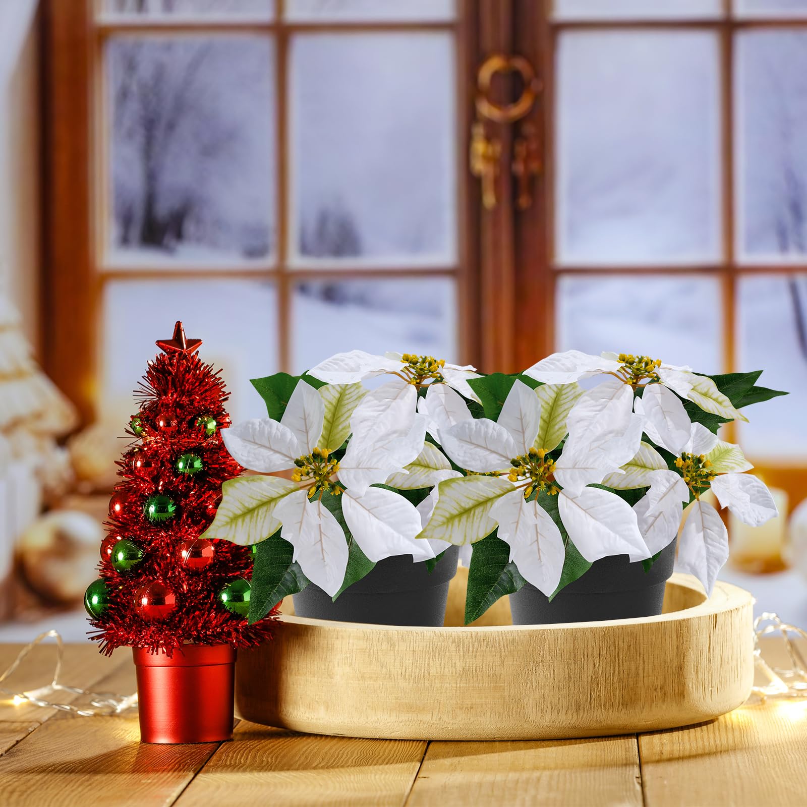 Künstliche Weihnachtssterne, 2 Stück, kleine Weihnachtssterne, 22,9 cm, künstliche Winterblumen für Weihnachten, Ornament, Veranda, Haus, Garten, Dekorationen (cremefarben)