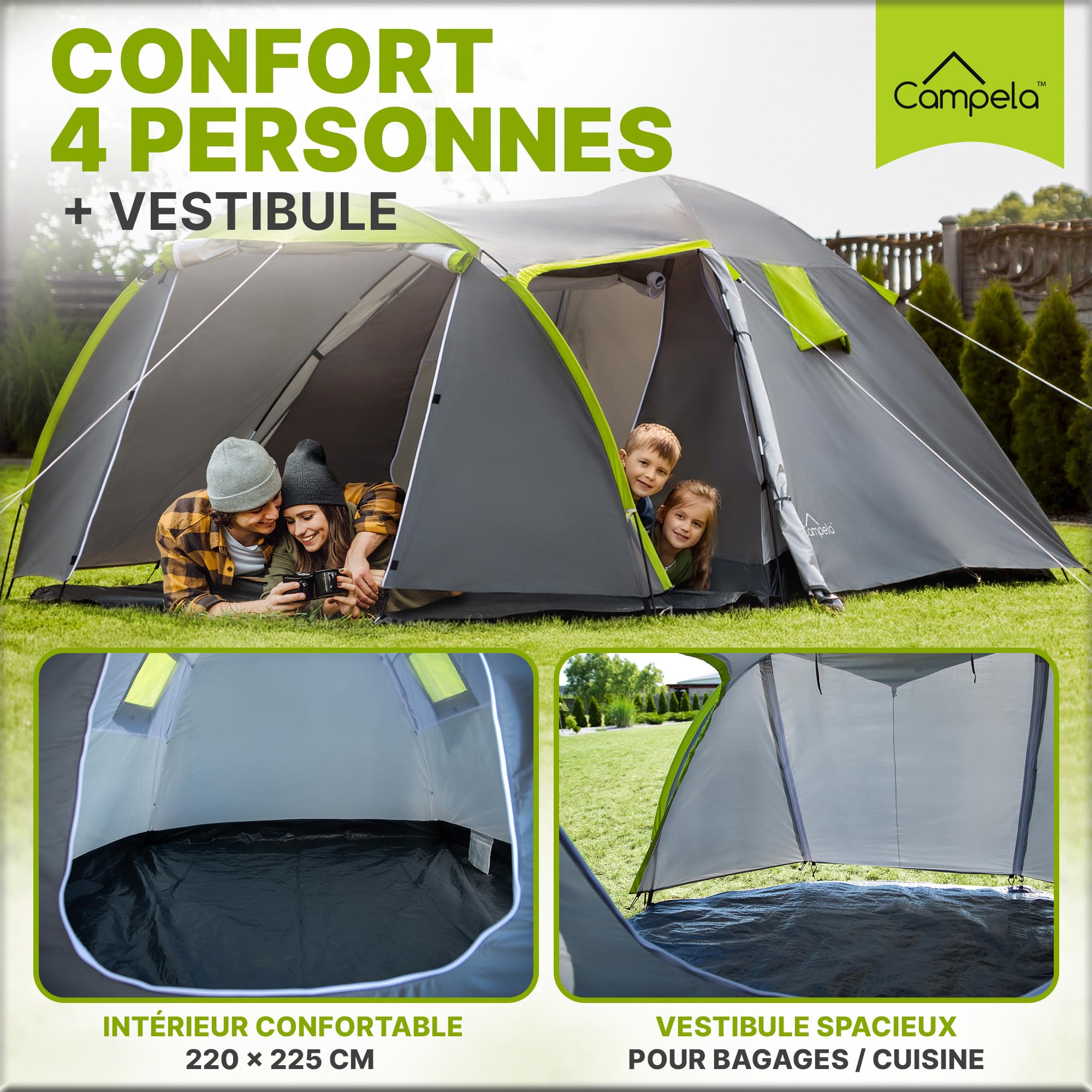 Tente Touristique Campela, Familiale Tropicale, pour 4 Personnes - étanche 3000m, Coutures étanchées, CA0013
