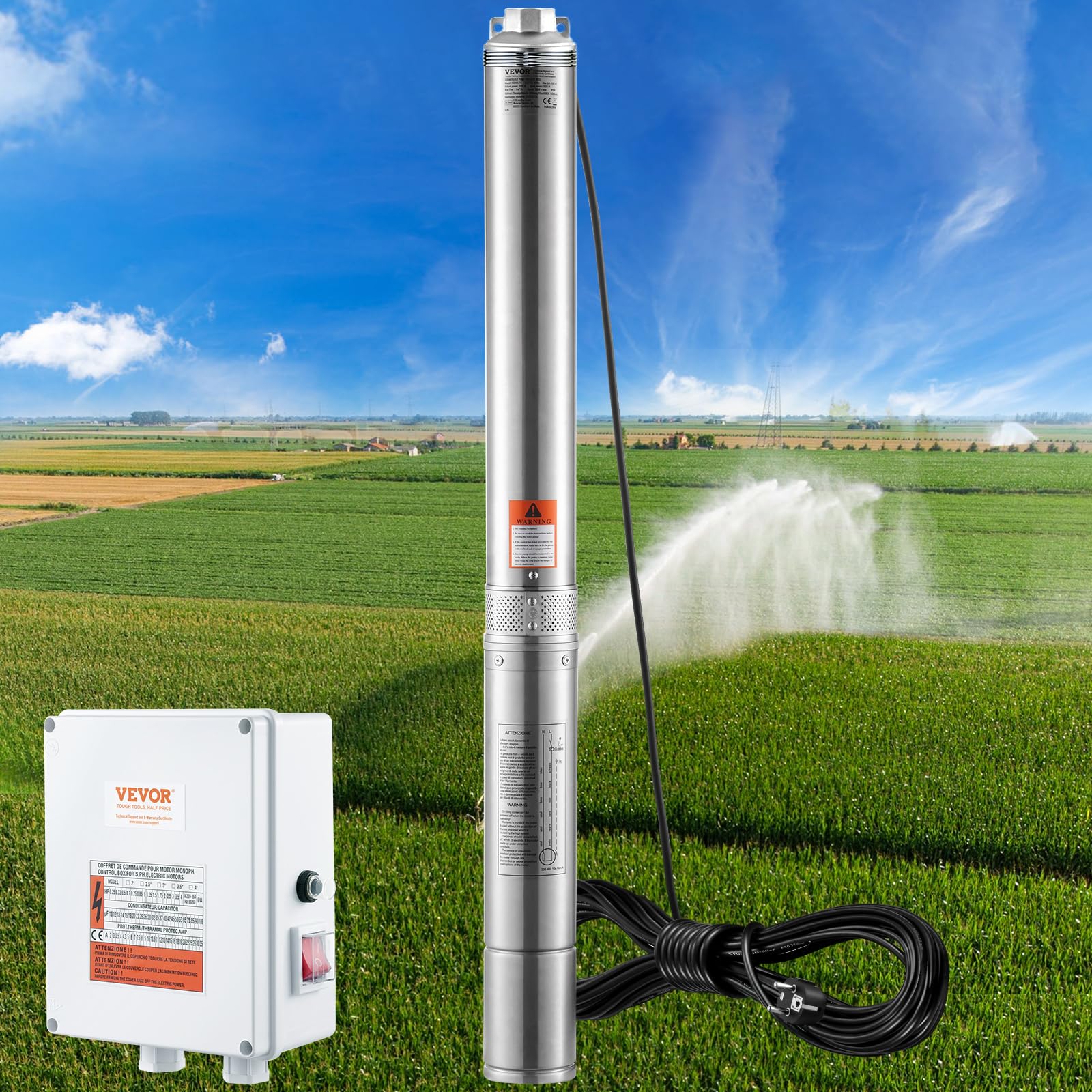 VEVOR Pompa Sommergibile per Pozzi Profondi, IP68 2200W 230 V, Massima Portata 9,8 m³/h Prevalenza 144m, Cavo Elettrico 19,4 m, Scatola Controllo Acciaio Inox Irrigazione Industriale Uso Domestico