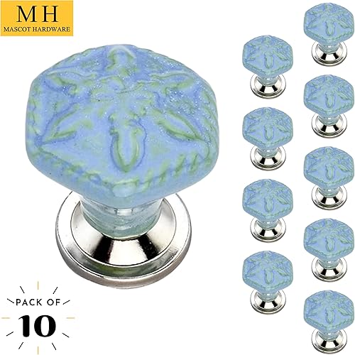 Miniatura 8 de Mascot Hardware Pomos de gabinete (paquete de 10) de flores hexagonales de 1.77 pulgadas, pomos de cerámica azul cielo, pomos de cajones, tiradores