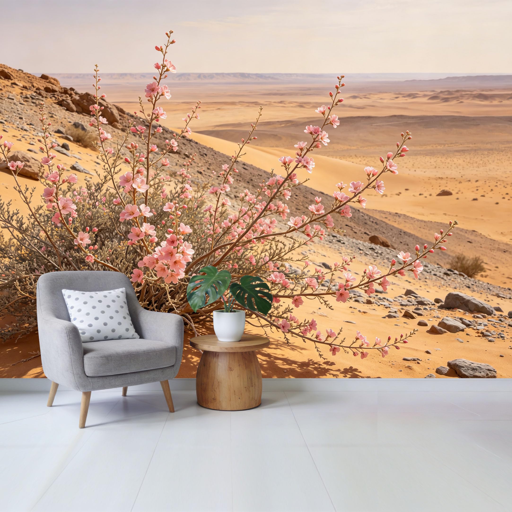 Qzlithotic Yq2605250311 Custom Size Wall Mural Desert Landscape Pink Floral Botanical Watercolor Art Selfadhesive Wall Fabric Removable Wallpaper For Home Office Decor
