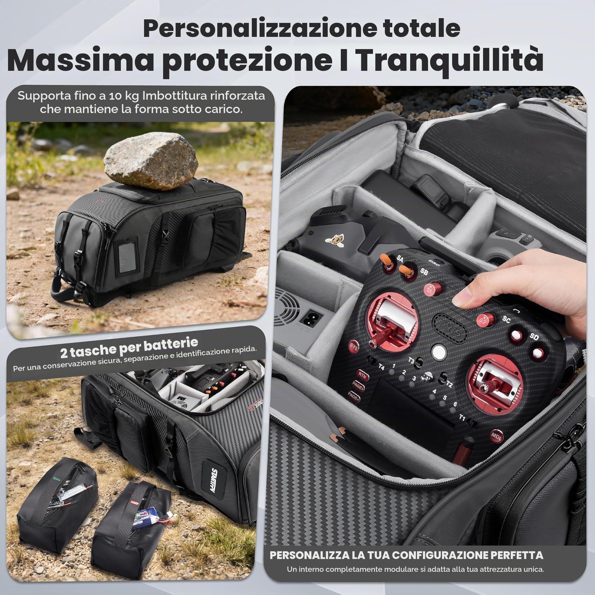 Zaino FPV da 40 pollici per fotografia di avventura all'aria aperta, sistema di trasporto ergonomico, resistente all'acqua e all'usura, grande capacità con scomparto per laptop da 16 pollici