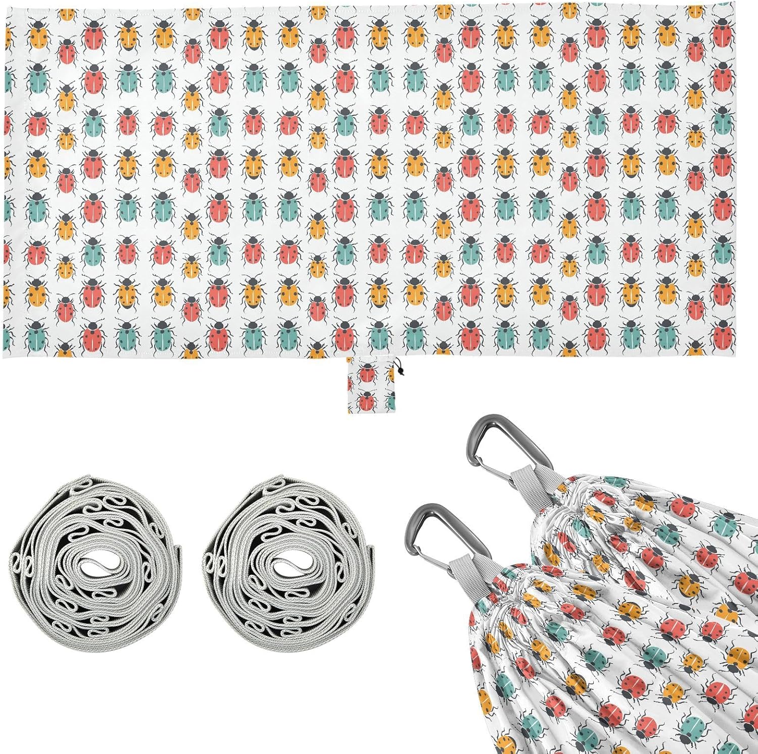 ALAZA Colorful Lady Bug Print Camping Hammocks Single or 2 Person 500 lbs Portable Parachute Travel Hammock w/Tree Straps for Hiking Backpacking Indoor Outdoor