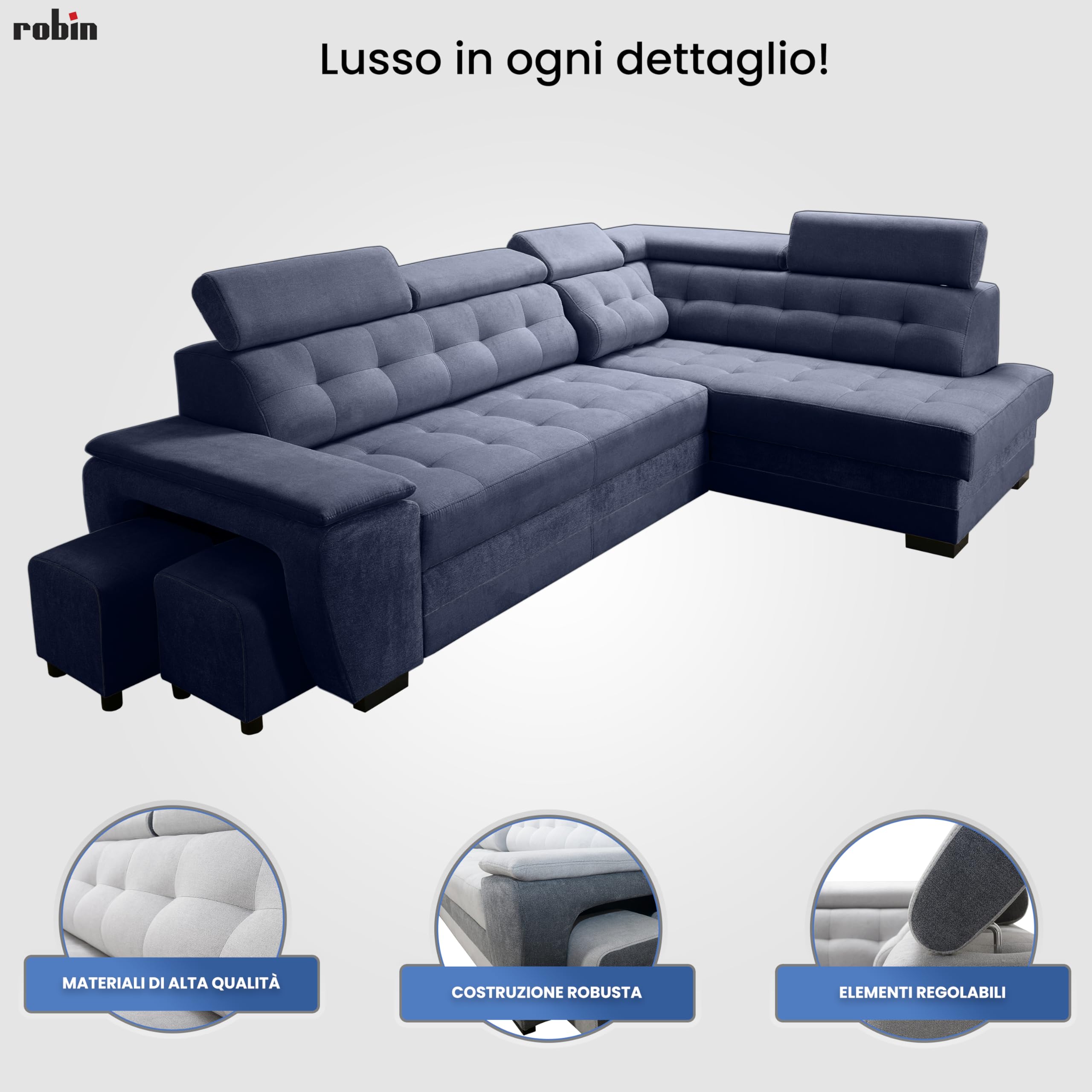 Robin Inspire Grand Divano angolare con funzione di letto cassetto per la biancheria due pouf poggiatesta regolabile angolo a sinistra grigio scuro 277 x 180 x 100