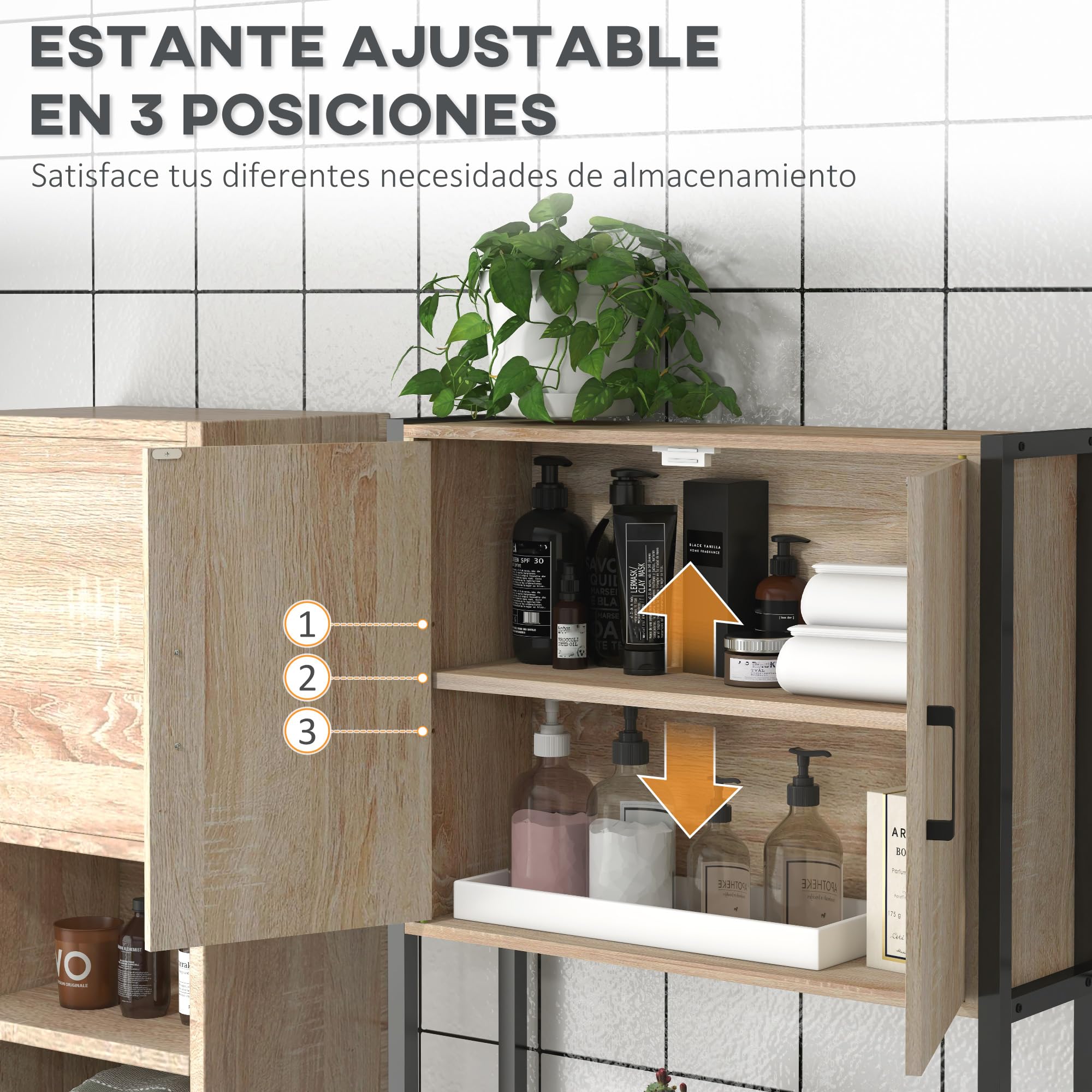 kleankin Mueble sobre Inodoro, Organizador sobre WC con 2 Puertas, Estante Ajustable, Estante Abierto, Estantería de Baño Encima WC para Espacio Pequeño, 64x19x178 cm, Natural