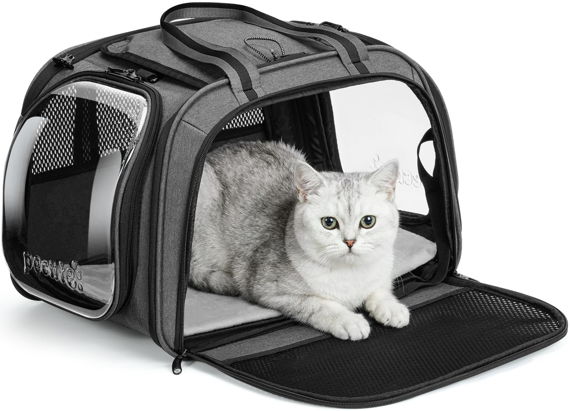 pecute Transportín Gato Grande, Coche Cero Ansiedad | Bolsa de Transporte Estructura de Acero Antideformación de 5mm, Persiana Enrollable de Privacidad, Ventana de Burbuja, Talla M, Gris