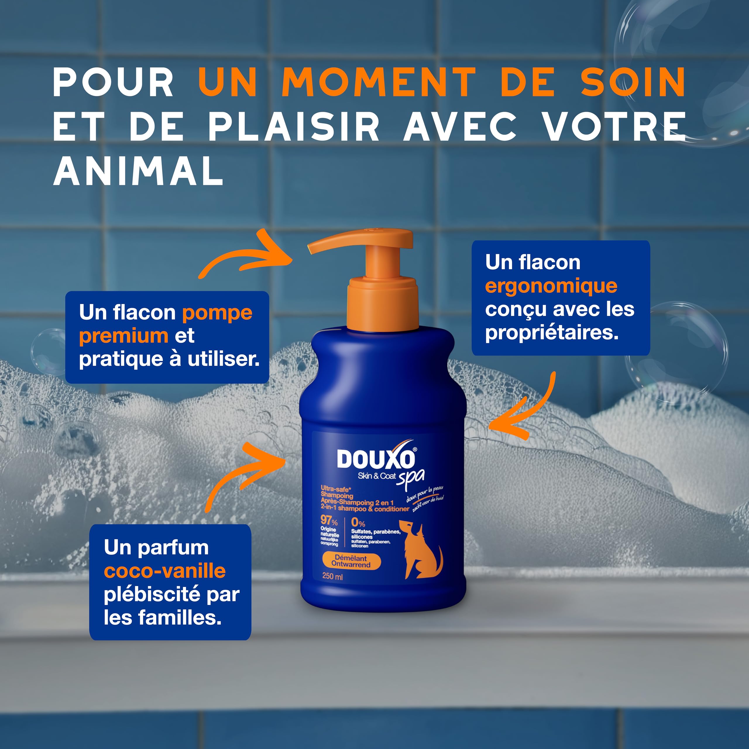 DOUXO Skin & Coat Spa - Ultra-Safe Shampoing 2 en 1 démêlant pour Chiens, 250 ML, nettoie et Hydrate en Profondeur la Peau et Le Poil, Laisse Le Pelage Doux, Soyeux et démêlé, respecte la Peau.