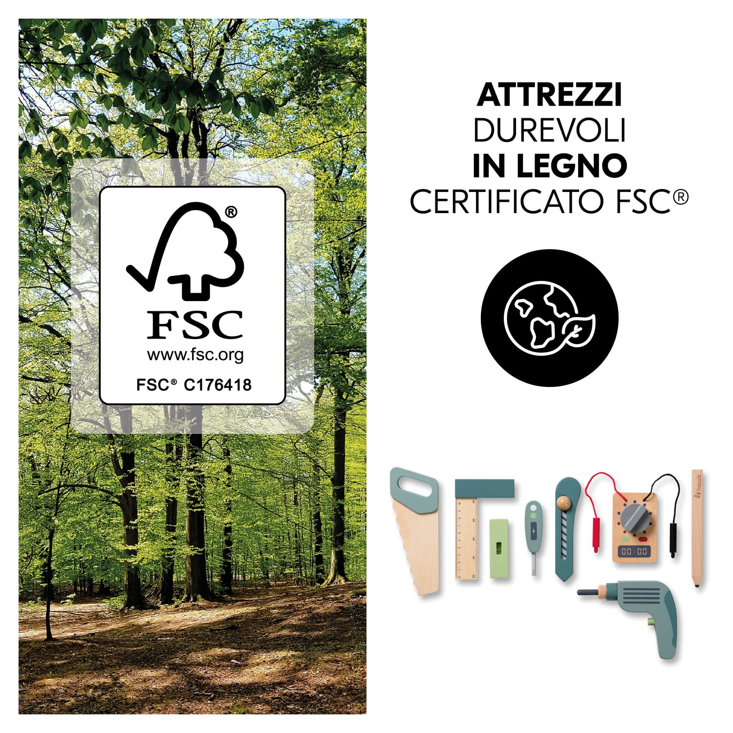 hauck Learn to Work Cintura Porta Attrezzi - Attrezzi da Lavoro Bambini in Legno Certificato FSC® - Cintura da Lavoro dai 3 Anni, Cinghia Regolabile - Gioco di Ruolo