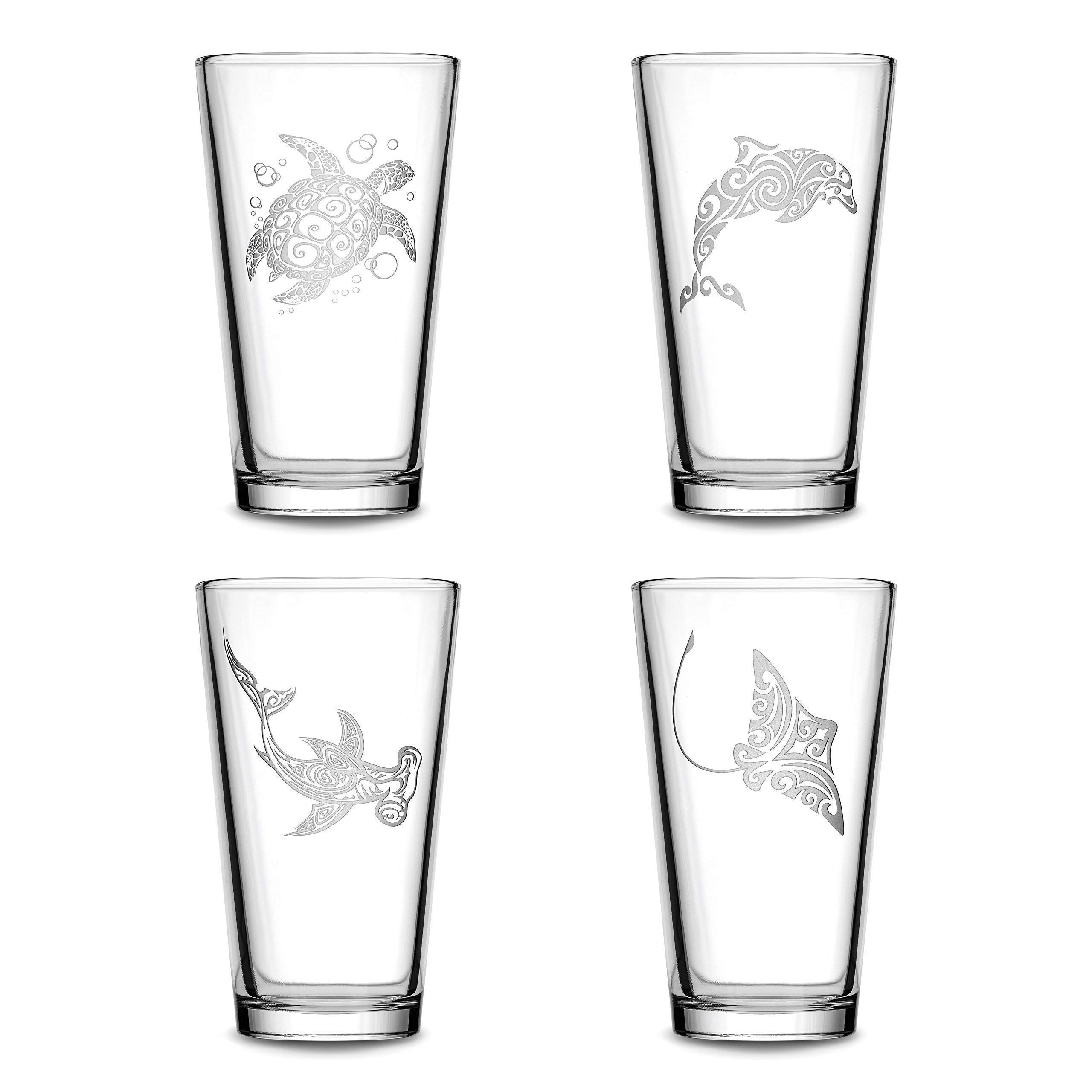 Integrity Bottles Tribal Sea Life Designs, (Set of 4) Turtle, Dolphin, Hammerhead Shark and Stingray, Premium Pint Glasses, Handmade, Handblown, Hand Etched Gifts, Sand Carved, 16oz