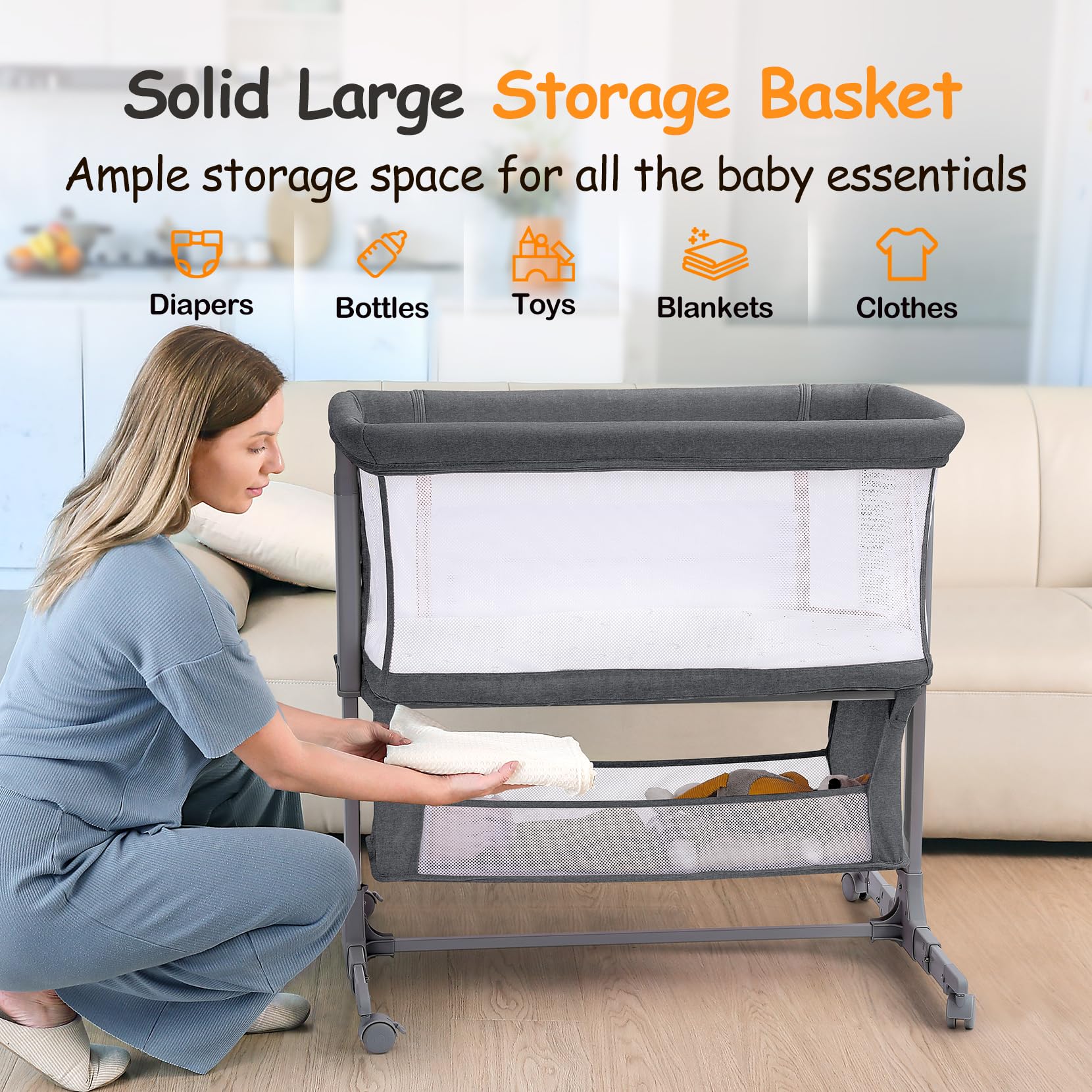 Culla Fianco Letto per Neonati, Lettino Co-Sleeper Regolabile in 7 Altezze con Ruote, Materasso e Cesto Portaoggetti, Culla Portatile per Camera da Letto grigio scuro