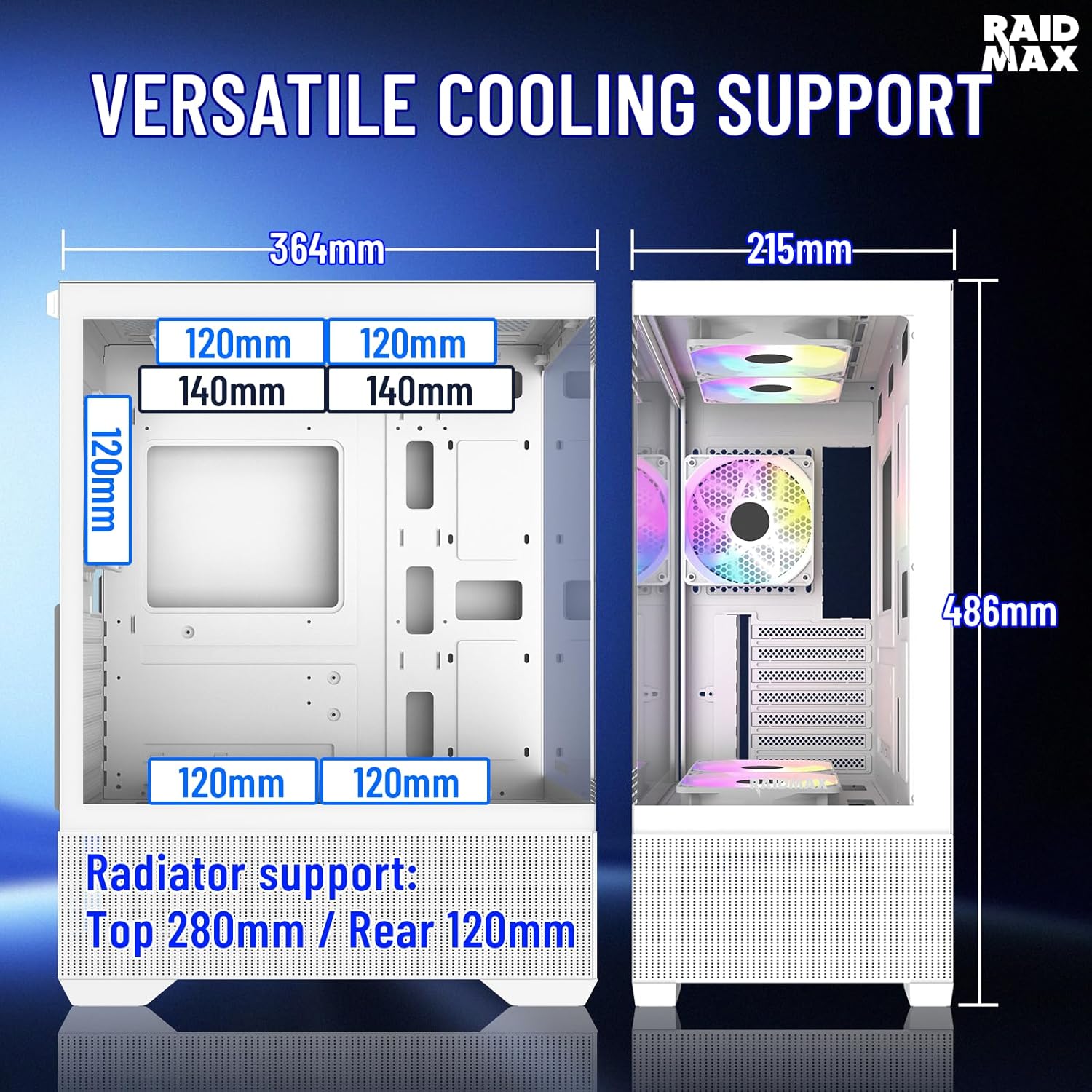 Raidmax i802 Vibe Series ATX Mid Tower Gaming Case Bundle – Tempered Glass Side Panel, Includes 700W 80+ Power Supply, AM1204 Digital Display Air Cooler, and 5 Pre-Installed FRGB Fans (White)