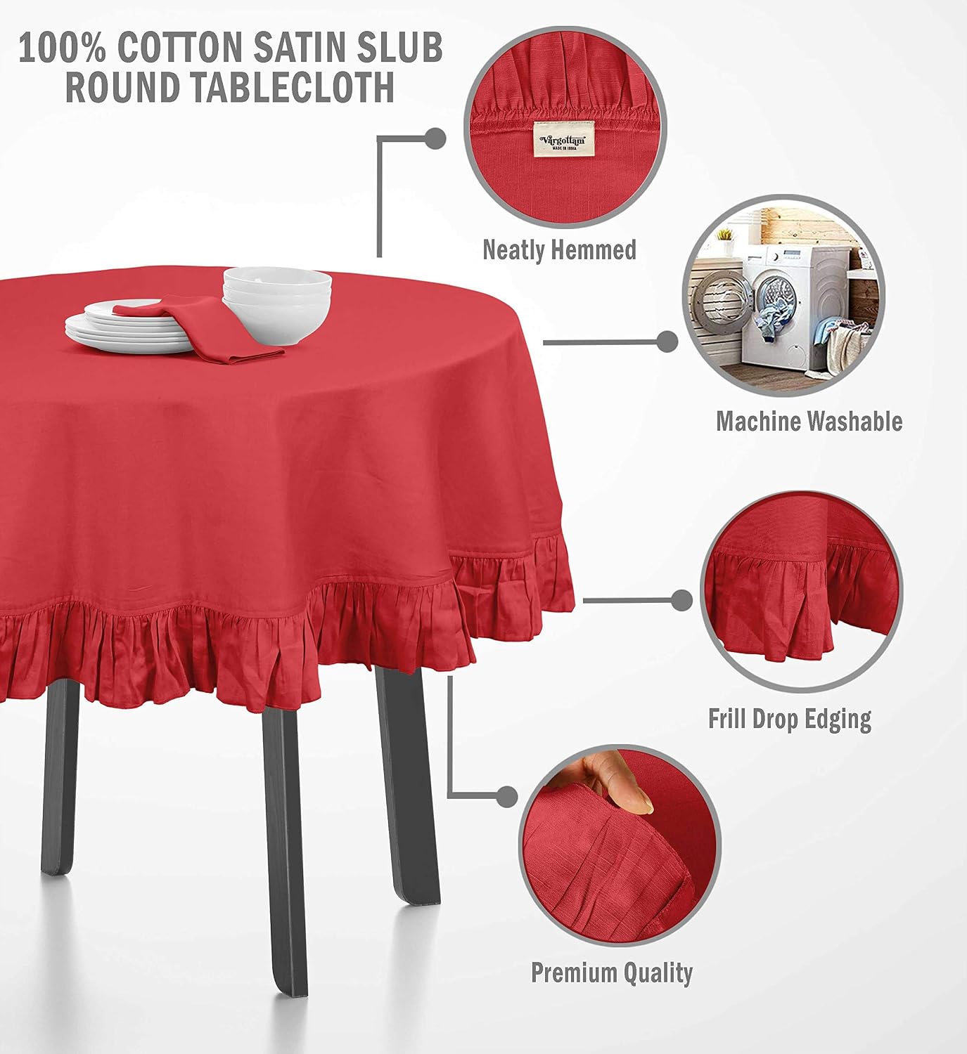 Cotton Table Linens Ruffle Tablecloth, Round Table Cover Protector Solid Tablecloth, Farmhouse Tabletop Washable, Dark Peach-54 Inches Diameter
