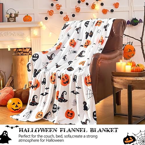 Miniatura 2 de inhand Manta de Halloween con estampado de tela de araña decorada en blanco, manta de felpa súper suave para sofá, cama, sofá y silla y acogedora