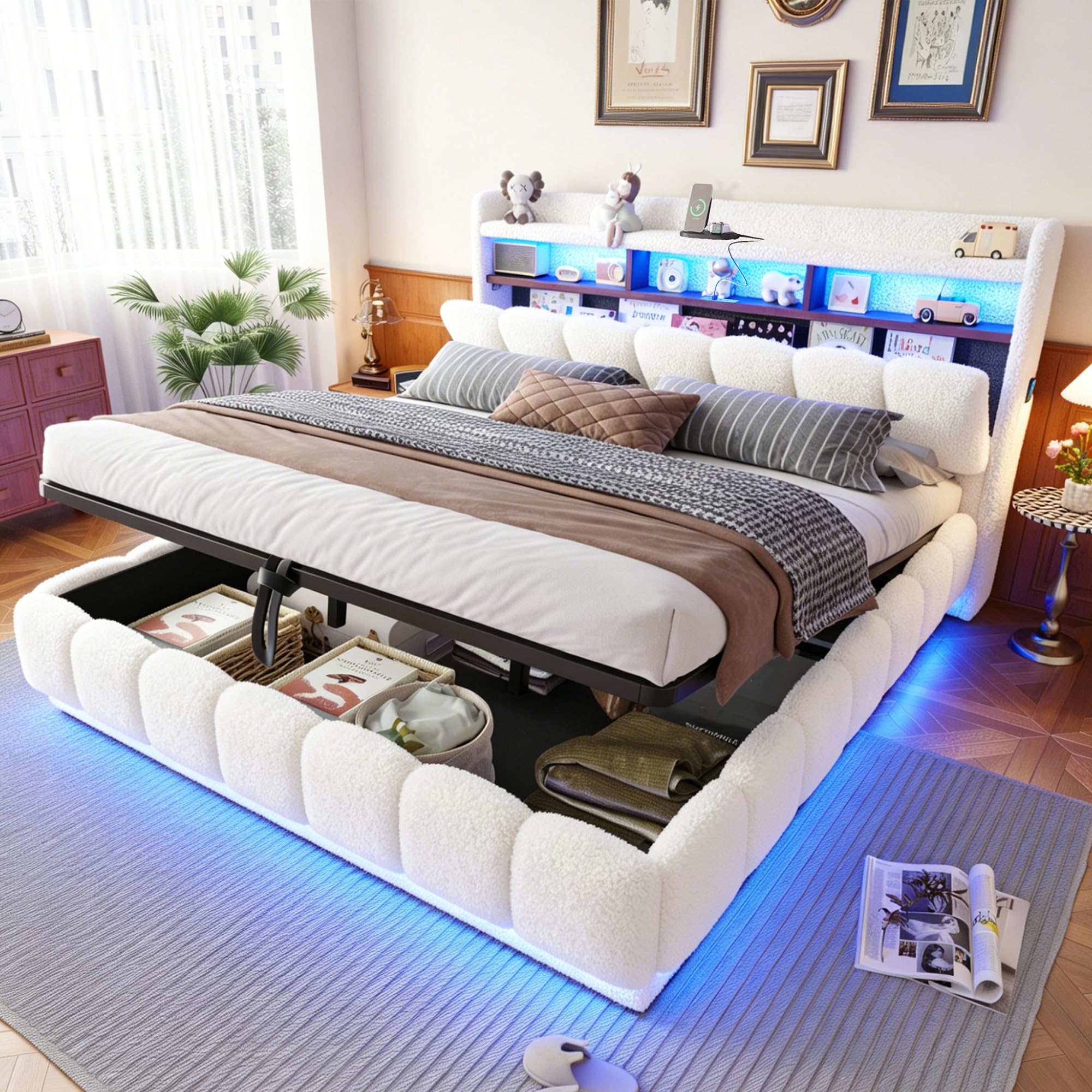 Cama Canapé 180x200 con Elevación Hidráulica Cama Tapizada con Somier de Lamas Estructura Matrimonial con Almacenamiento Integrado con Tapizado Bouclé con Cabecero Acolchado Estudio Blanca