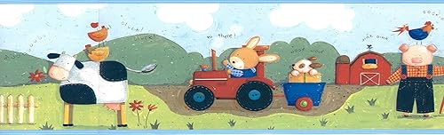 Miniatura 3 de Dundee Deco BD6271 - Borde de papel tapiz prepegado, color azul, verde y blanco, borde de pared de animales de granja, diseño retro, 15 pies x 7
