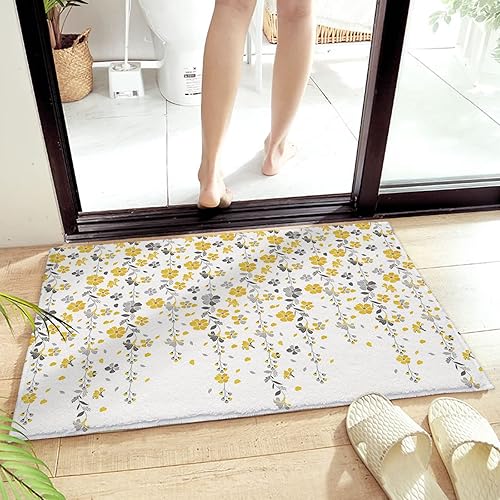 Miniatura 4 de Alfombra de baño de 16 x 24 pulgadas absorbente lanuda alfombra de baño con flores caídas amarillo gris fresco tema de feliz verano antideslizante