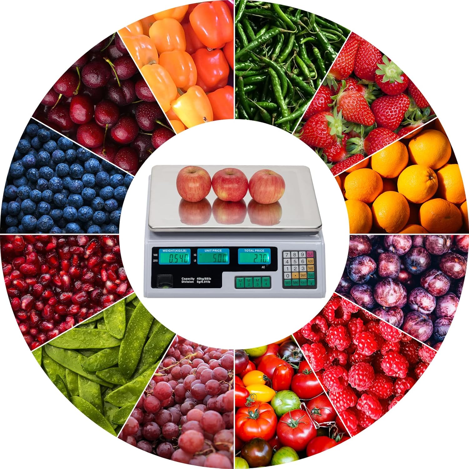 ROVSUN 88LB/40KG Deli Electronic Commercial Price Computing Scale with LCD Display for Retail Outlet Store, Kitchen, Restaurant Market, Farmer, Food, Meat, Fruit - Silver & White