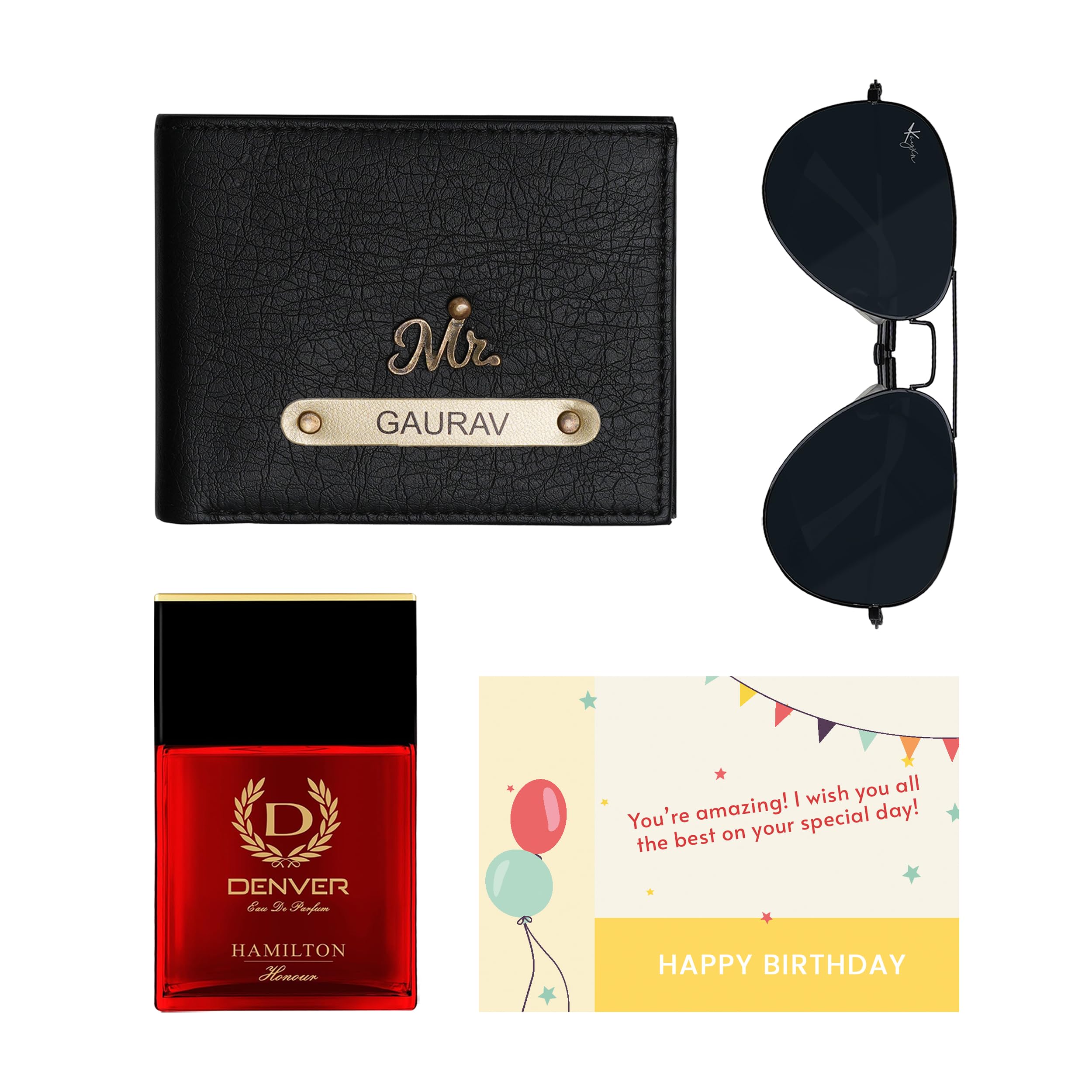 Personalized Alpha Man Wallet Sunglass & Perfume Hamper, Best Gift Set for Men, with Free Personalized Occasional Greeting Card (Black)-image-46