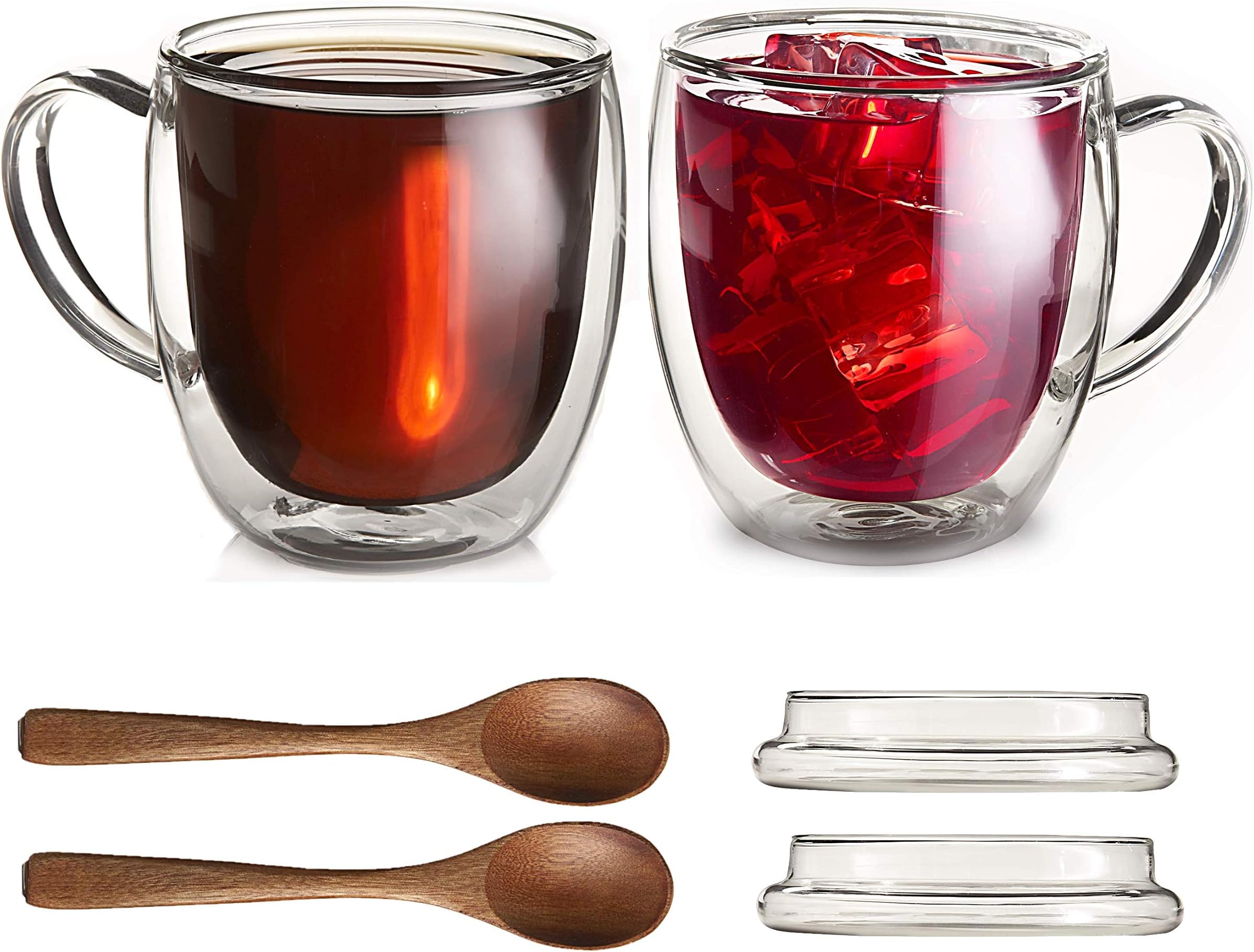 Large Double Wall Insulated Glass Coffee mugs with Lids Set of 2-12 Ounce Clear Cups for Tea Latte Cappuccino Espresso - Includes 2 Wooden Spoons