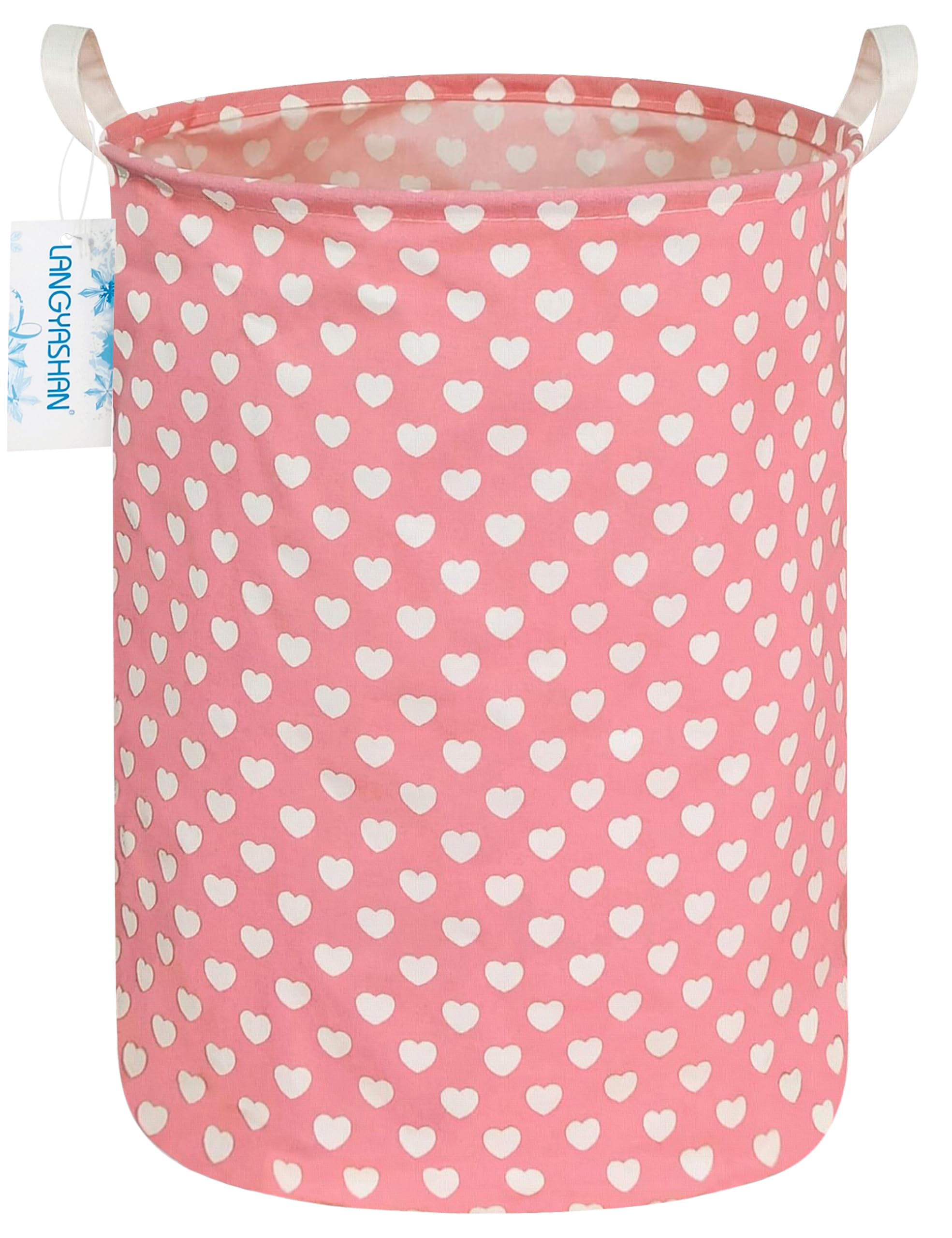 LANGYASHAN Laundry Basket Canvas Fabric Collapsible Organizer Basket for Storage Bin Toy Bins Gift Baskets Bedroom Clothes Children Nursery Hamper (pink heart)