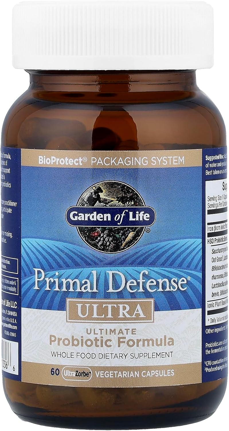 Garden of Life Probiotics for Digestive Health and Gut Health Balance, Primal Defense Ultra Ultimate Formula, 15 Billion CFU and 13 Strains Plus HSOs, Vegetarian and Gluten Free, 60 Capsules