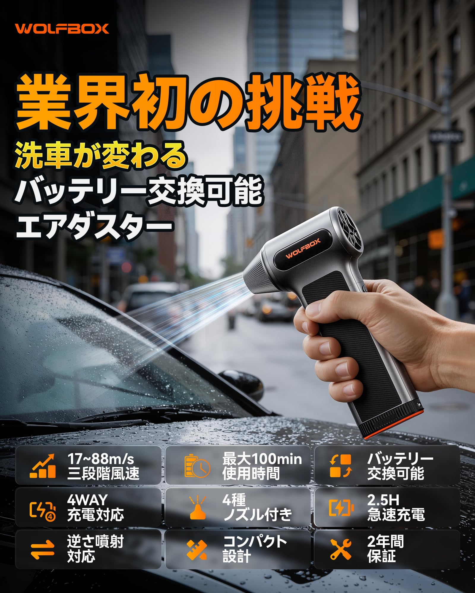 Amazon | 【シリーズ初バッテリー脱着式】 WOLFBOX エアダスター 電動