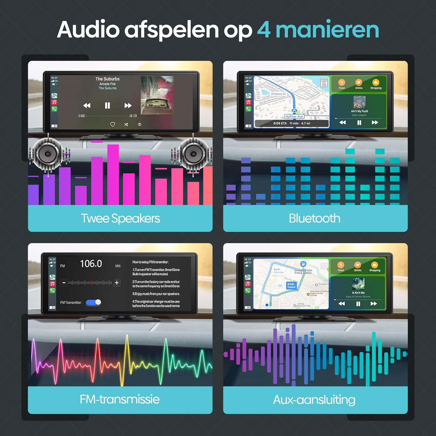 Four audio playback methods for the Olvy CarPlay Display: Two Speakers (built-in), Bluetooth, FM Transmission, and AUX Connection.