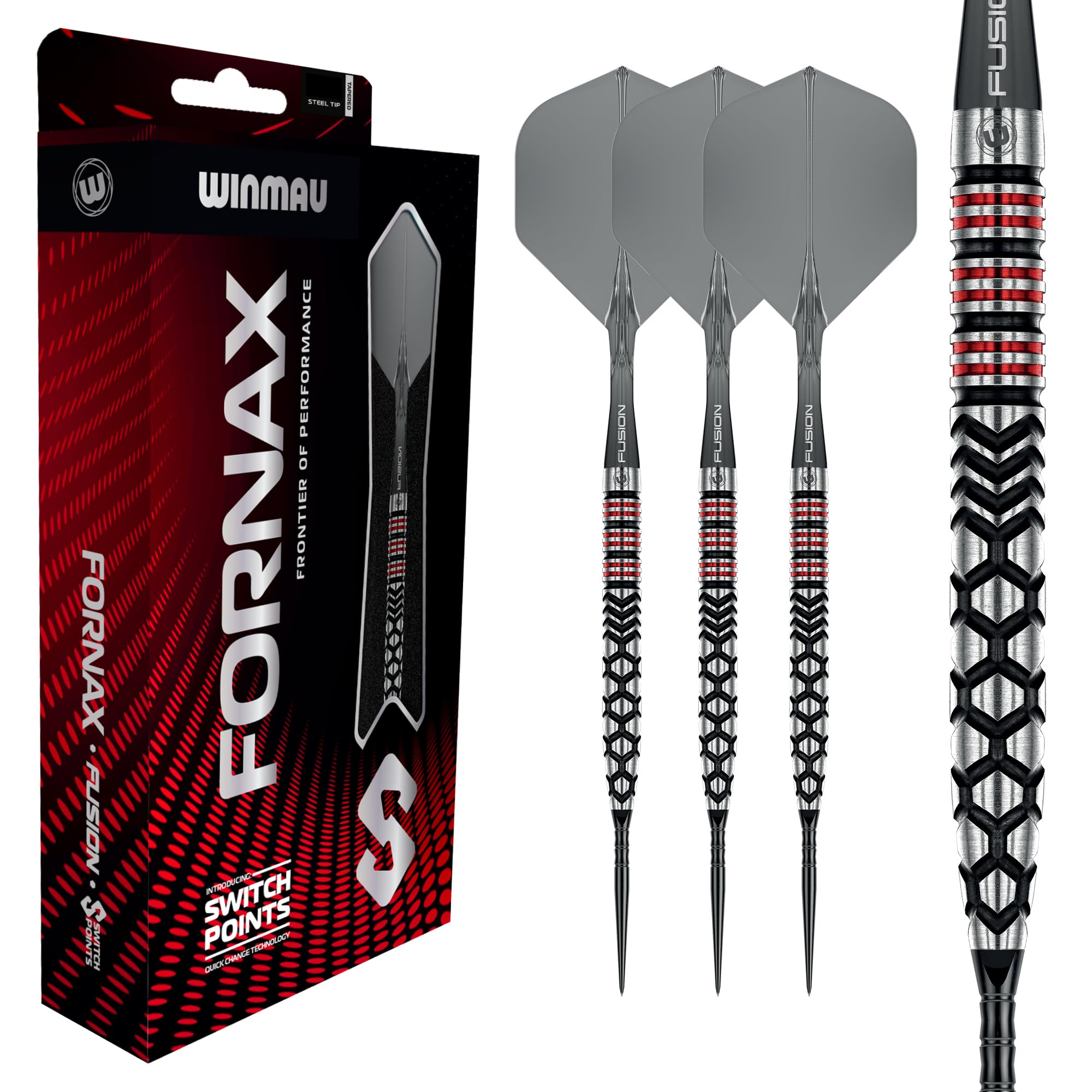 WINMAU Darts-Fornax – Set di freccette professionali al 90% in tungsteno, tecnologia Switch Point, fusti paralleli neri e rossi, 2 punti intercambiabili (onda e liscia), sistema di cambio rapido |