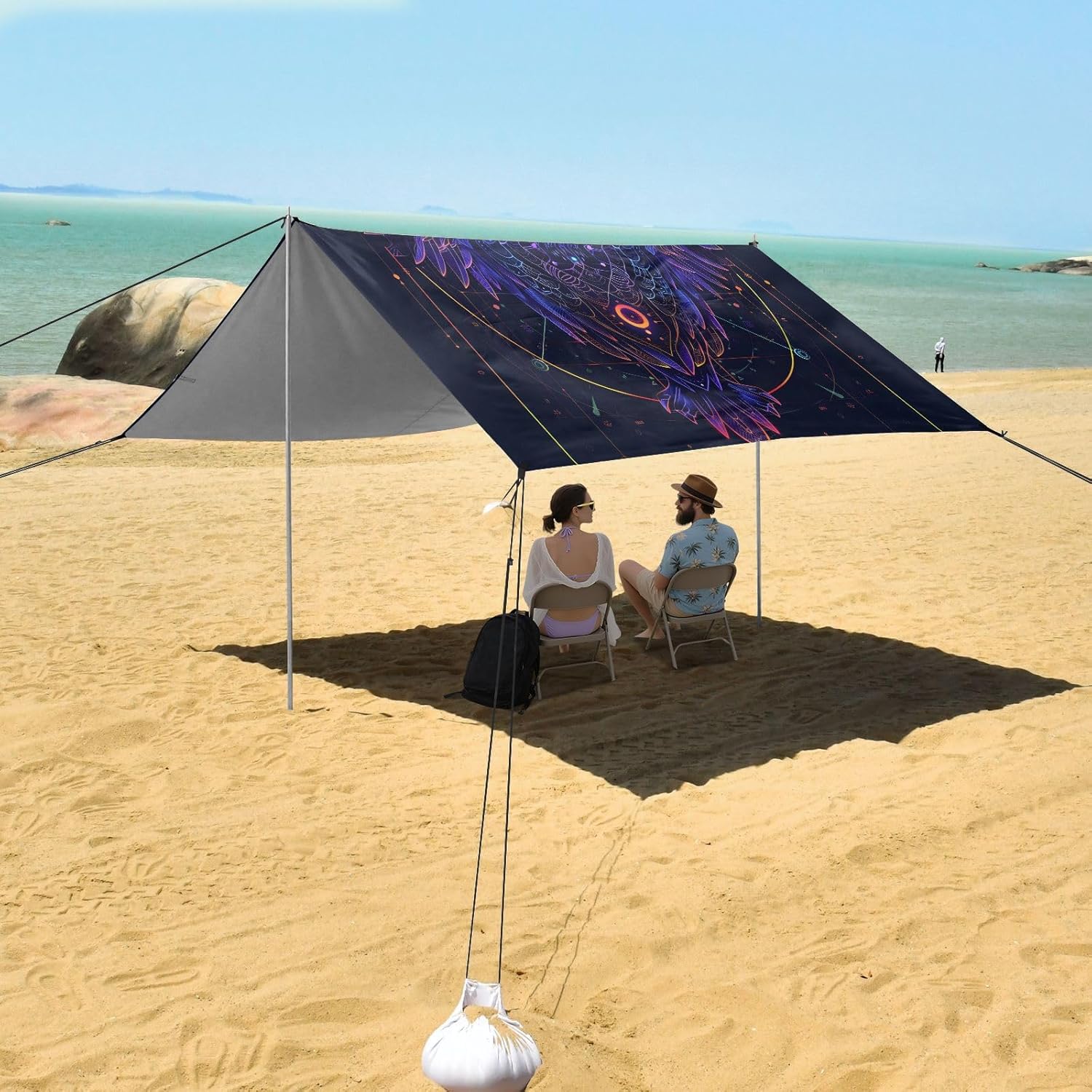 ALAZA Mecha Cyberpunk Owl Beach Tent Sun Shelter UPF50+ Protection Beach Shade Canopy w/ 4 Sandbags for Outdoor Camping, Fishing, Backyard Fun, Picnic, 10x9 ft