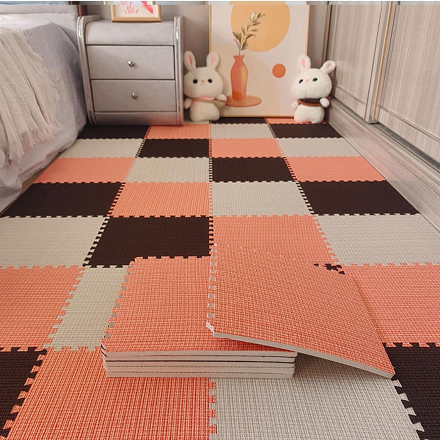 Interlocking Carpet Square, Thick Linen Exercise Mat with Border, Non-Slip Puzzle Climbing Area Rugs, Home Decor(30 * 30)(Black+Orange+Beige,0.6cm-12p)