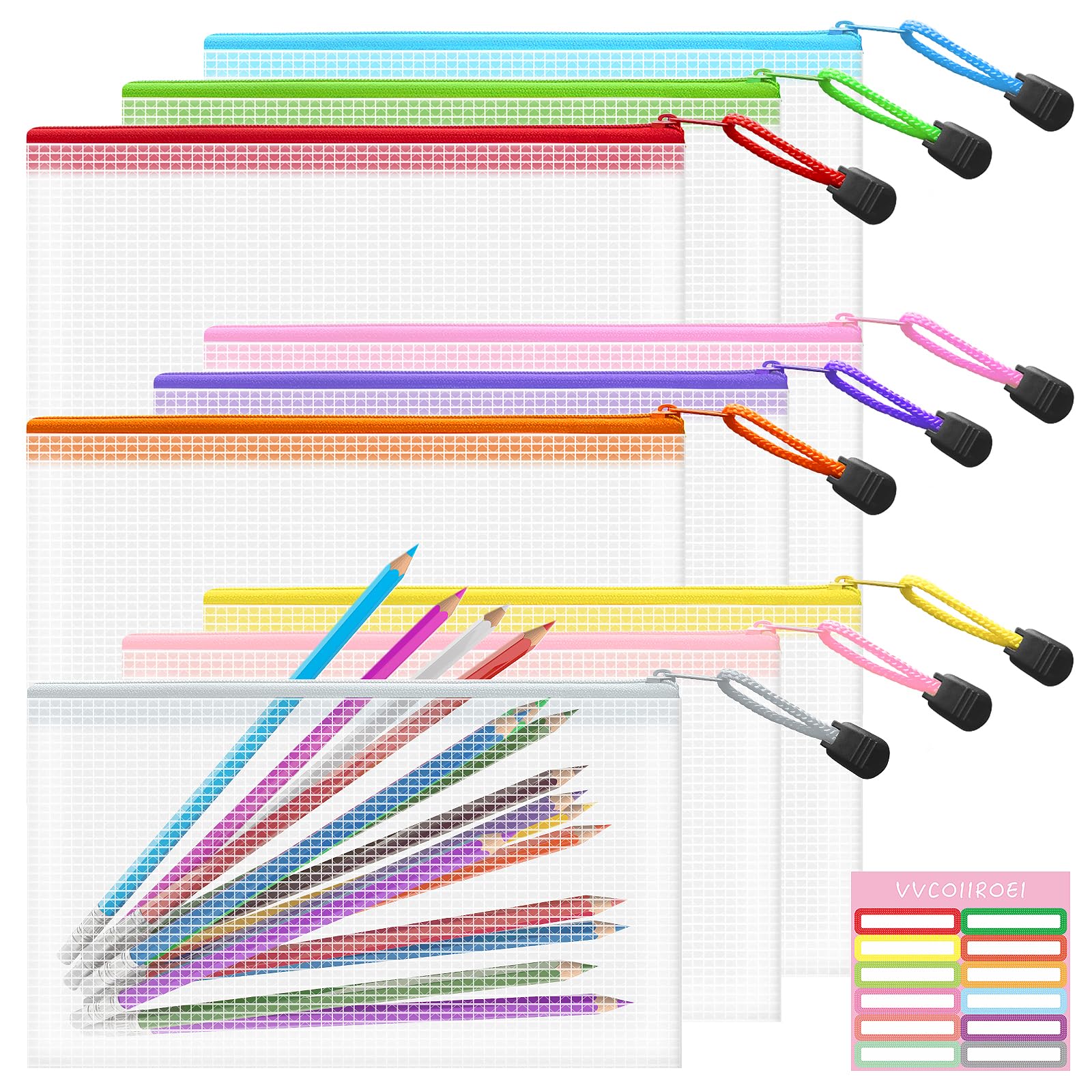 9pcs Small Zipper Pouch, 8.1x4.8 Inches Plastic Pencil Bags, 9 Colors Waterproof Zip File Bags, Small Mesh Bags for Classroom Home Organization, Office Appliances, Cosmetics Travel Storage