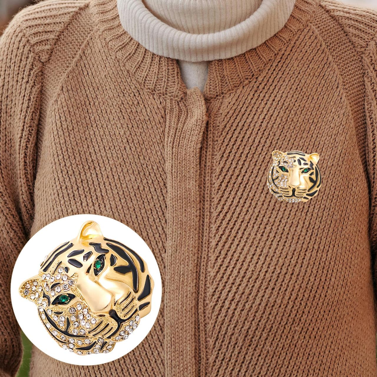 Tiger Brooches with rhinestones 2pcs Vintage Punk Animal Tiger Head Corsage Brooch Pin Crystal Badge Lapel Pin For Men Women Suit Jacket Blouse Coat (Golden) - Image 8