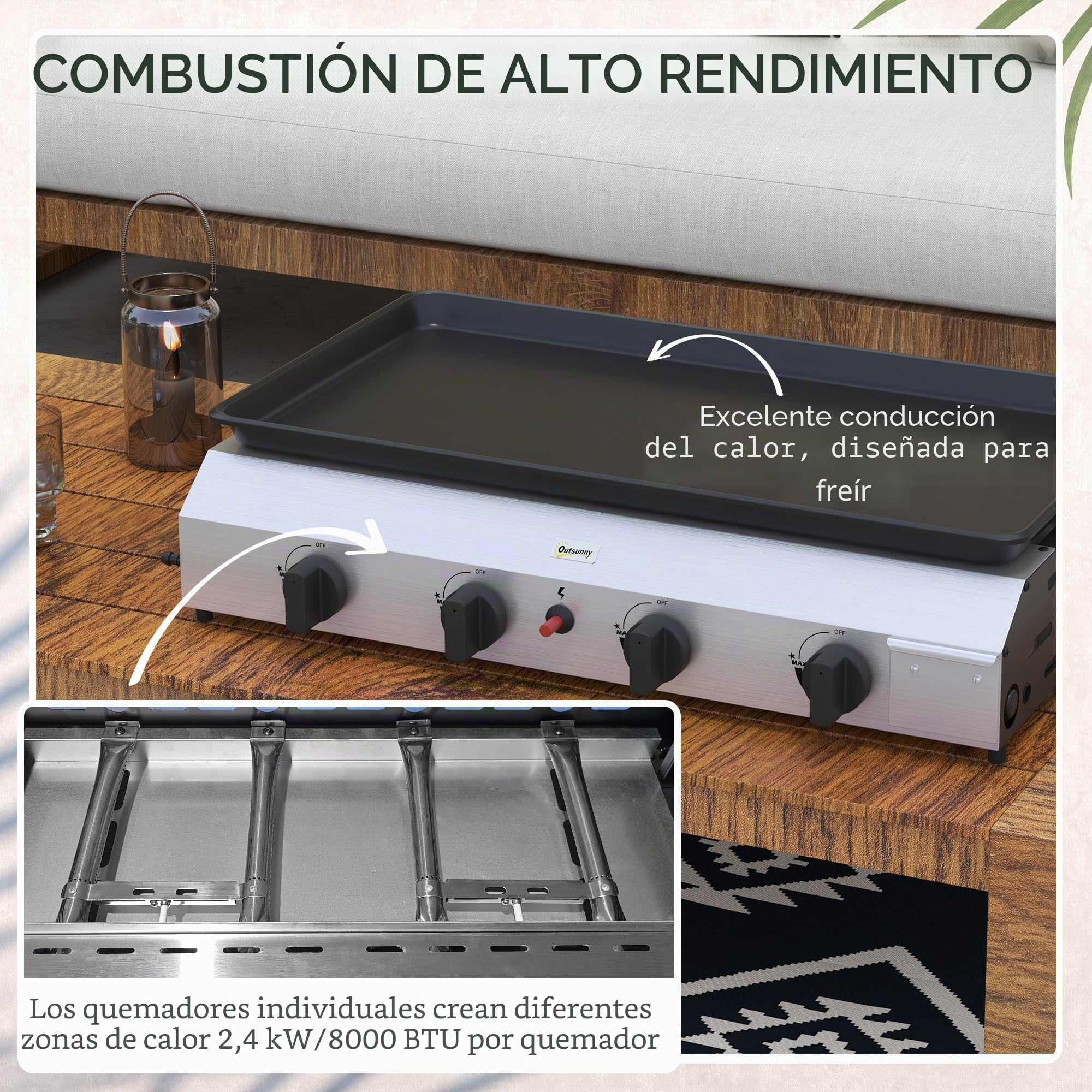 Outsunny Plancha de gas de acero inoxidable esmaltado placa de cocción 4 quemadores 9,6 kW antiadherente gran superficie de cocción 73 x 34 cm, transportable