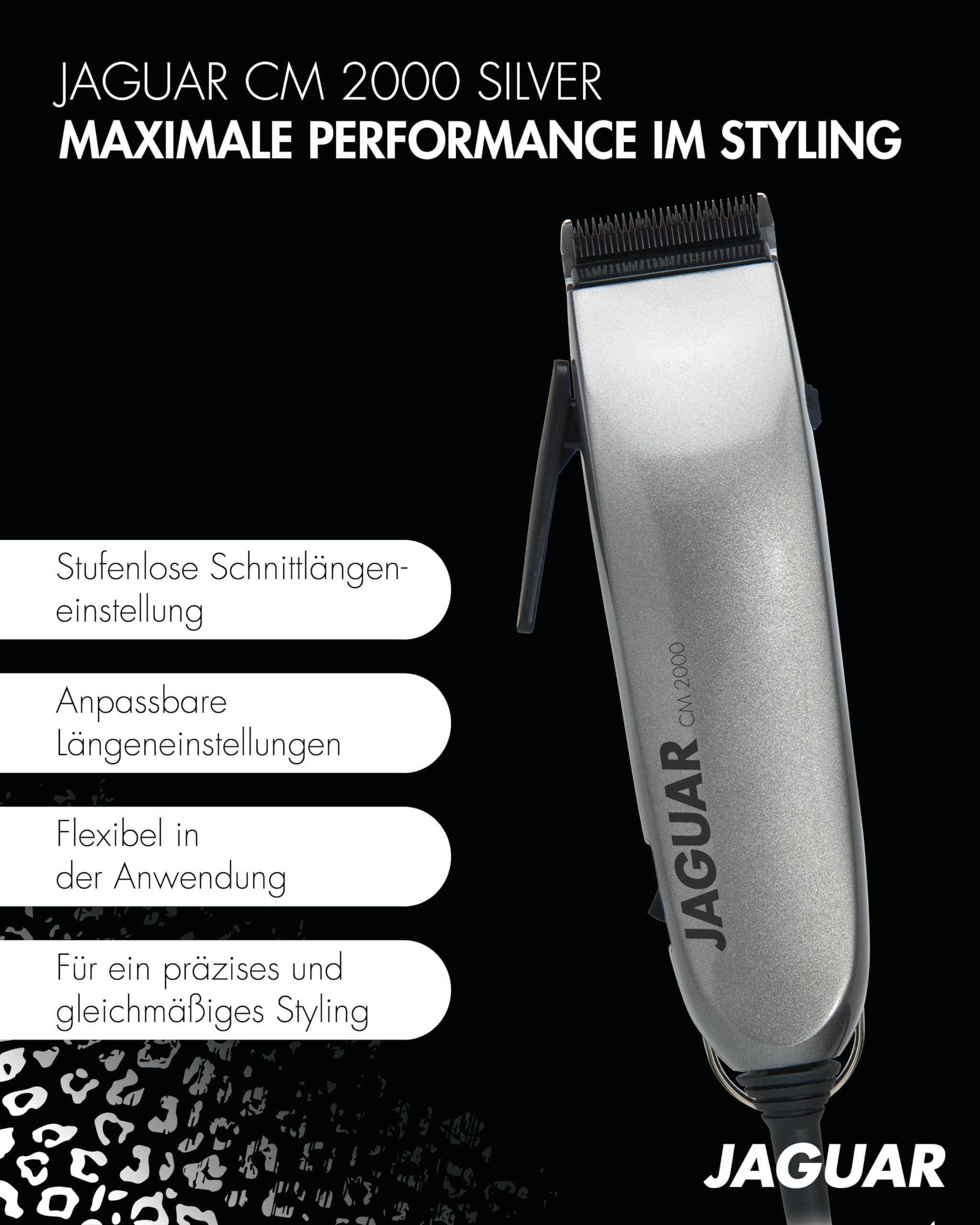 JAGUAR Haarschneidemaschine CM 2000 Silver | Profi-Haarclipper für Netzbetrieb | Schnellmontage-System | Aufsteckkammset | vom Profi für Dich