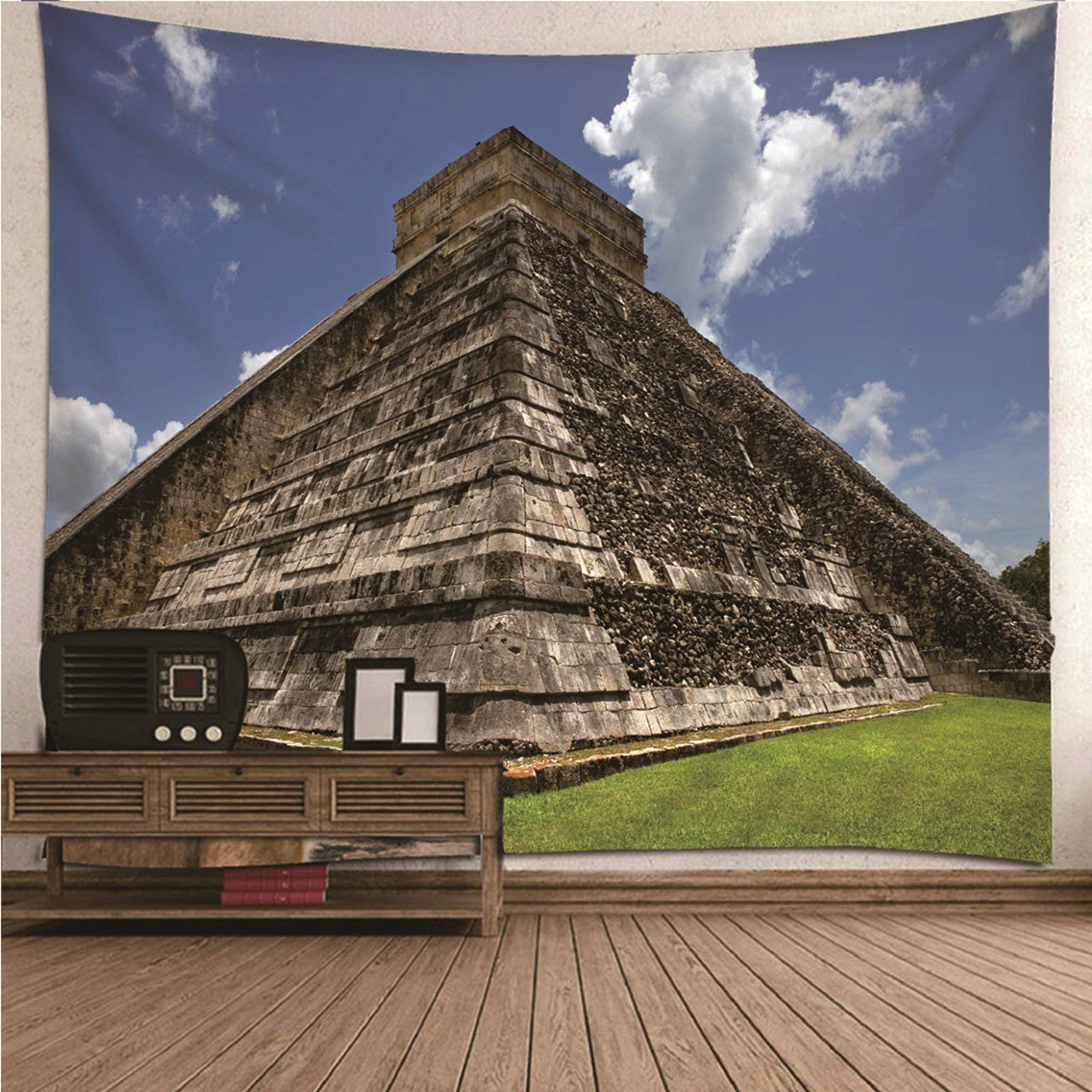 Tapiz de pared para salón de 150x150 cm, decoración textil con ruinas mayas en marrón y verde