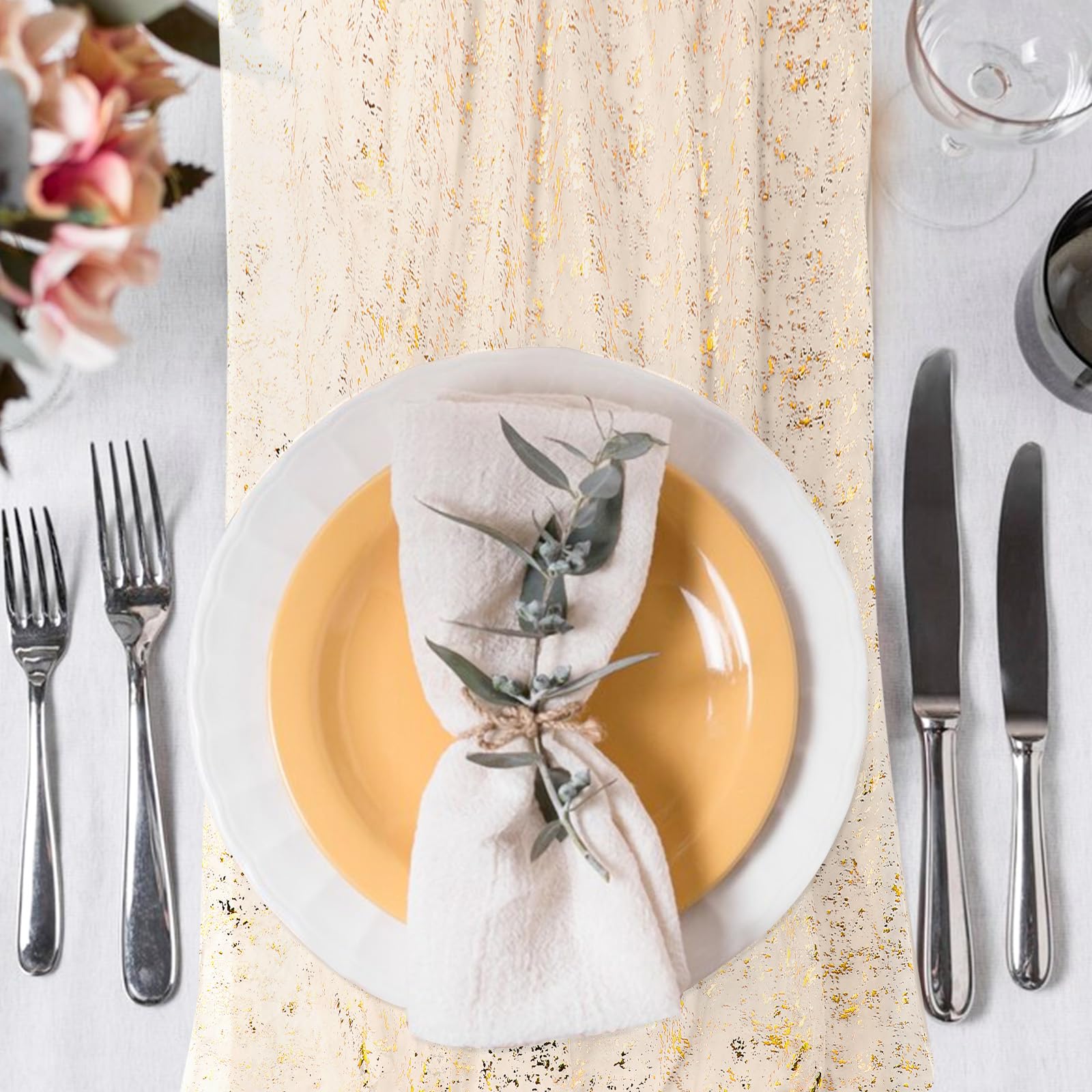 6 Runner Da Tavola Oro 3m In Garza Chiffon Con Paillettes - Decorazione Per Matrimoni, Compleanni, Natale - 70x305 Cm - copertina