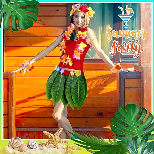 Miniatura 4 de 6 piezas de disfraz hawaiano para mujer, incluye falda hula, top hawaiano, flor hawaiana, collar y pulsera para Halloween, mujer, cosplay