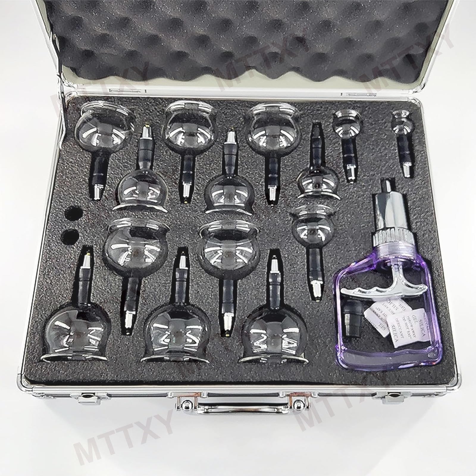 Set per terapia con coppettazione in vetro da 14 pezzi in 5 misure, coppette per massaggio con coppettazione a vuoto portatili con custodia in alluminio, terapia professionale cinese con