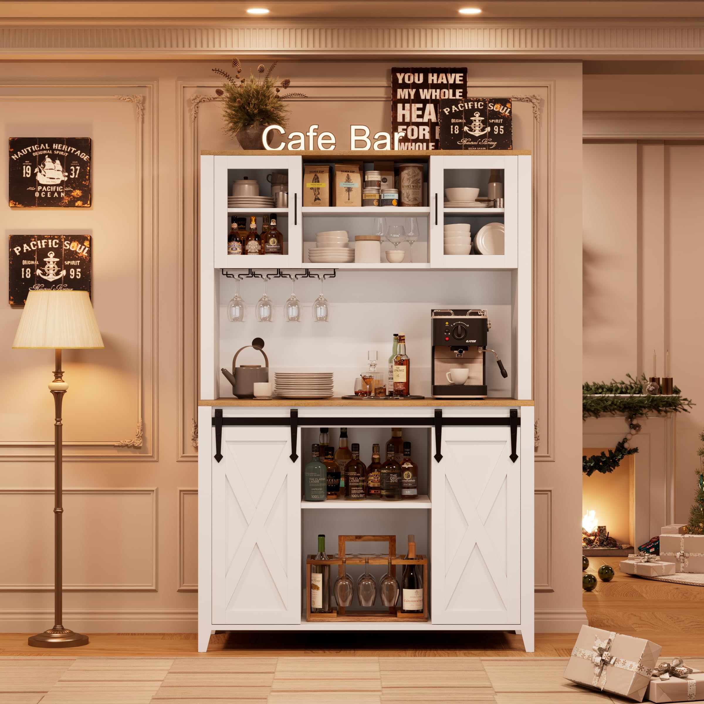 GAOMON 70'' Wine Coffee Bar Cabinet with Hutch, Farmhouse Kitchen Pantry Liquor Cabinet with Sliding Barn Doors, Wine &amp; Glass Racks, Adjustable Shelves, Buffet Storage for Dining Room, White