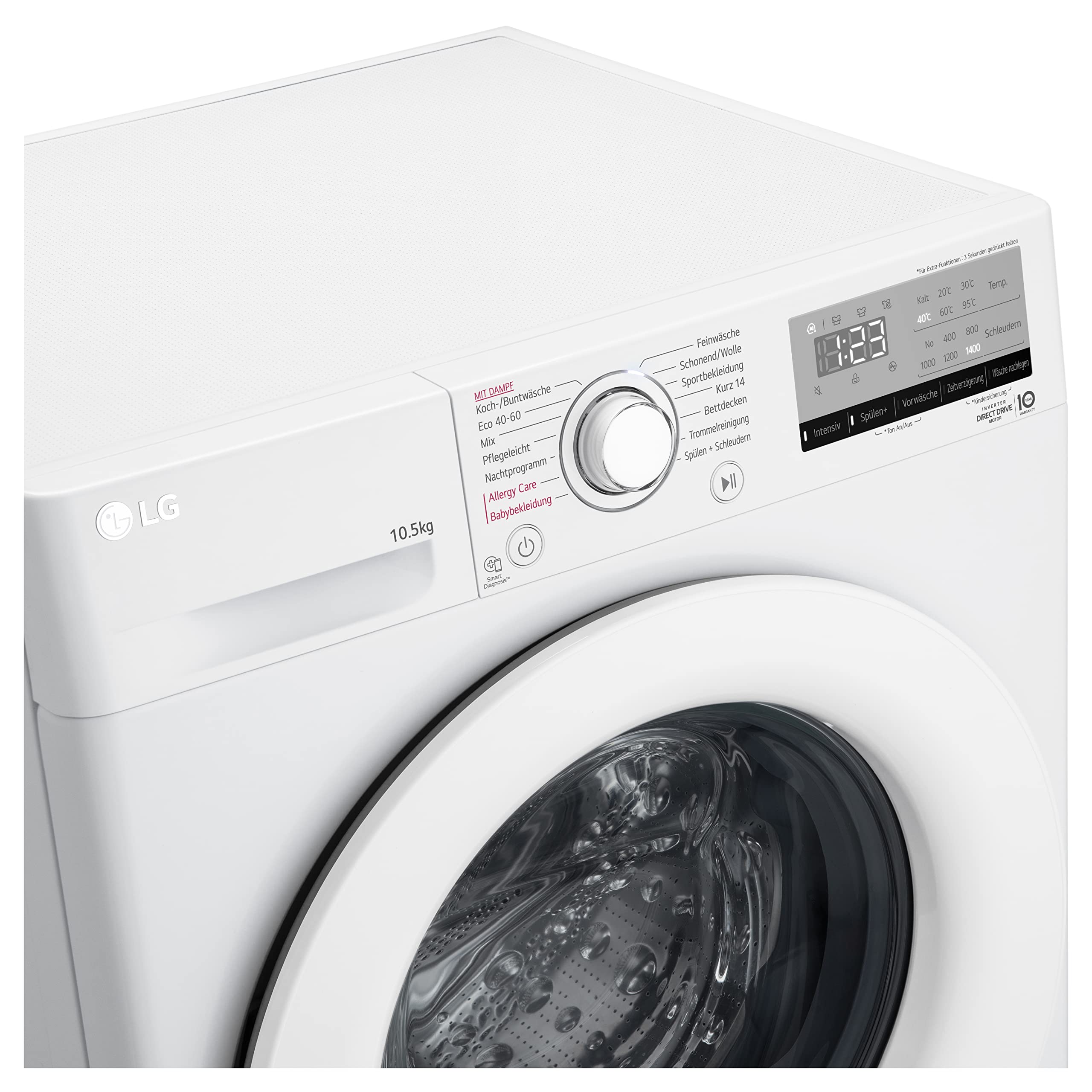 LG F4WV31X3G, Klasse B, Frontlader-Waschmaschine 10,5 kg, 1400 U/min, AI Direct Drive, Wi-Fi, Tiefenreinigung mit Dampf, Größere Kapazität, Außentür aus Sicherheitsglas, 62 x 60 x 85 cm ꟷ Weiß