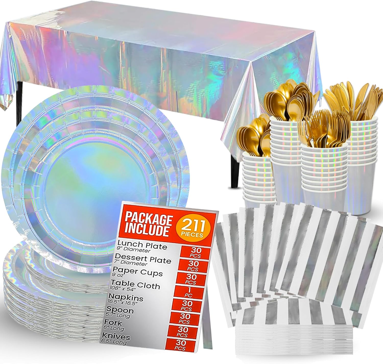 Jubi 211 PCS Shiny Rose Gold Party Paper Plates Set - Serves 30 Guests with Disposable Dish, Cups, Napkins, Cutlery, and Tablecloth - For Wedding, Bridal Party, and Birthday