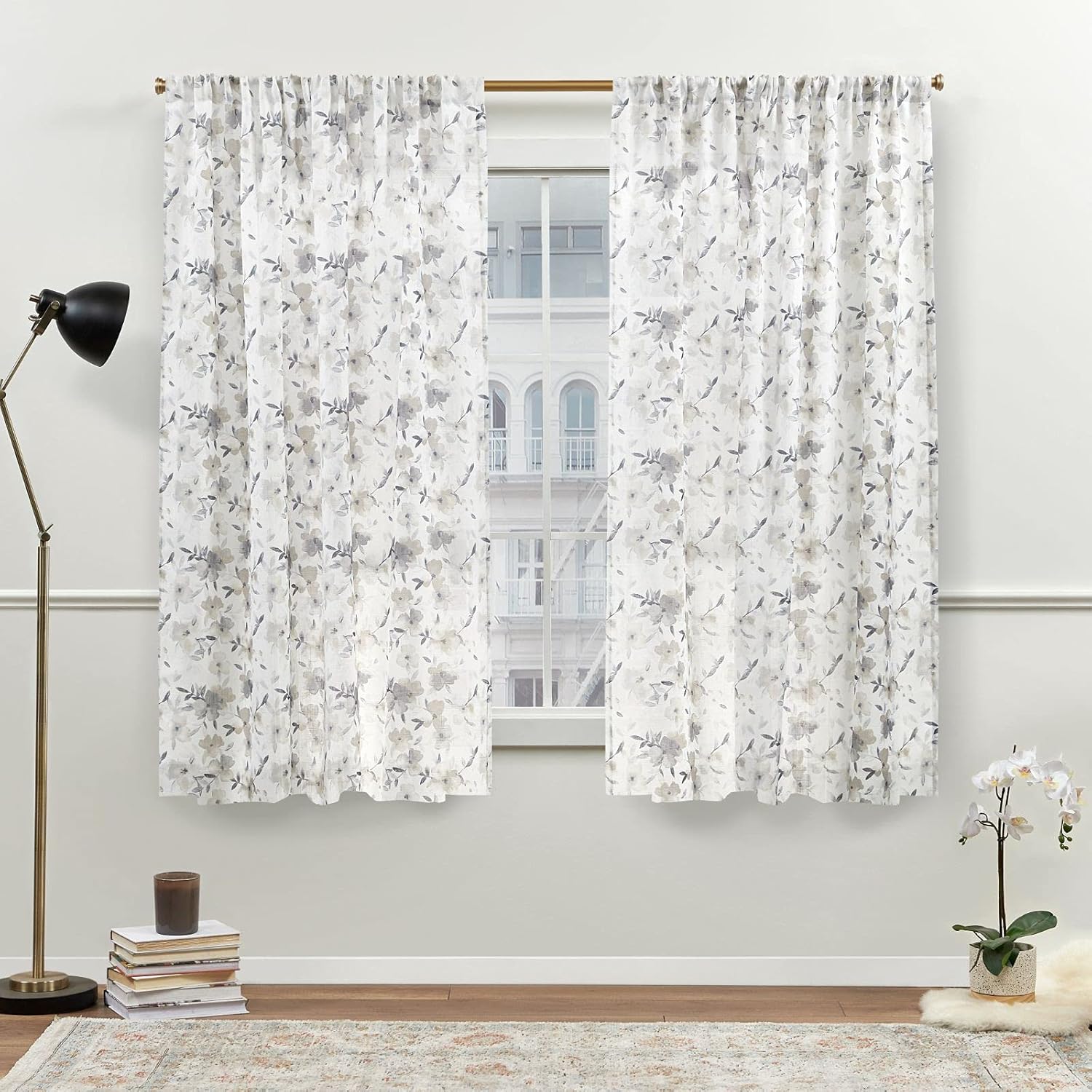 Nicole Miller New York Hattie Light Filtering, Semi Sheer Rod Pocket Curtain Panels, 54"x63", Grey, Set of 2