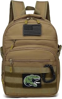 SunForMorning Kids Tactical MOLLE Backpack - Durable Military Army Bookbag for Boys School, Camping, Outdoor Adventures, Brown w/ Patches & Carabiner